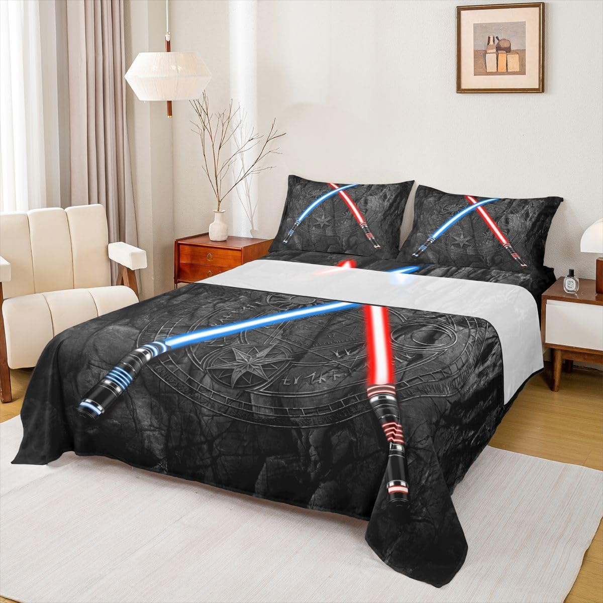 Lightsaber Bed Sheets Twin Size 3D Neon Blue Red Bedding Set 3Pcs Geometric Sun Moon Round Sheet Set for Kids Boys Girls Teens Room Decor Fashion Vintage Stone Wall Fitted + Flat Sheet,Black