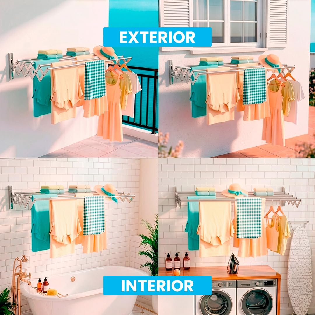 Marctani Tendedero Extensible Pared Acero Inoxidable - Tendederos Plegables Ahorra Espacio Interior o Exteriror - Tendal Plegable con 5 Barras - Tenderete de Ropa (A.INOX 160CM)