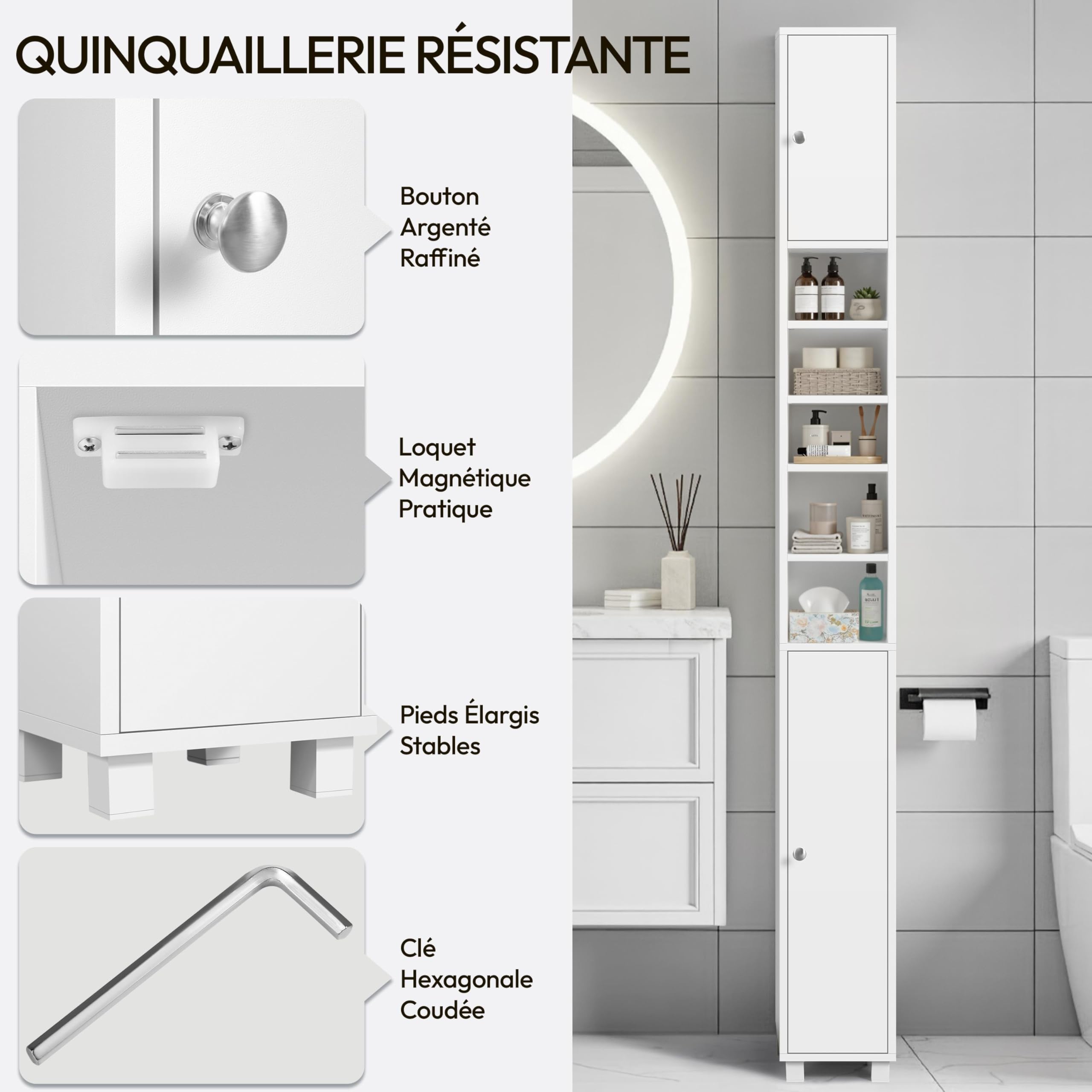 Abician Meuble Colonne Salle de Bain 20 cm - Armoire de Rangement Étroite avec Tiroir et Étagères Réglables - Meuble Salle de Bain Compact pour WC, Blanc, 20x20x180cm