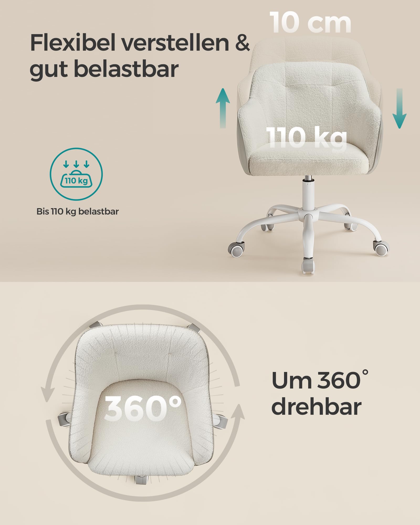SONGMICS Drehstuhl Schreibtischstuhl höhenverstellbar 110 kg Sherpa-Stoff PU cappuccinobeige