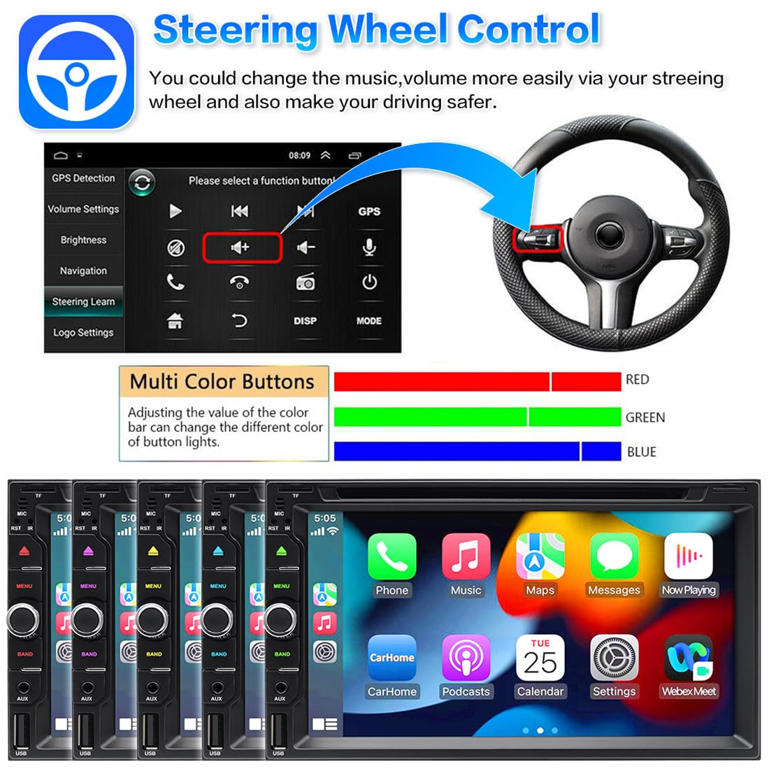 Stéréo de Voiture sans Fil CarPlay et Android Auto avec Lecteur CD/DVD, Écran Tactile Double Din de 6,95 Pouces Autoradio Prise en Charge du Lien Miroir Bluetooth AM/FM USB/TF/AUX