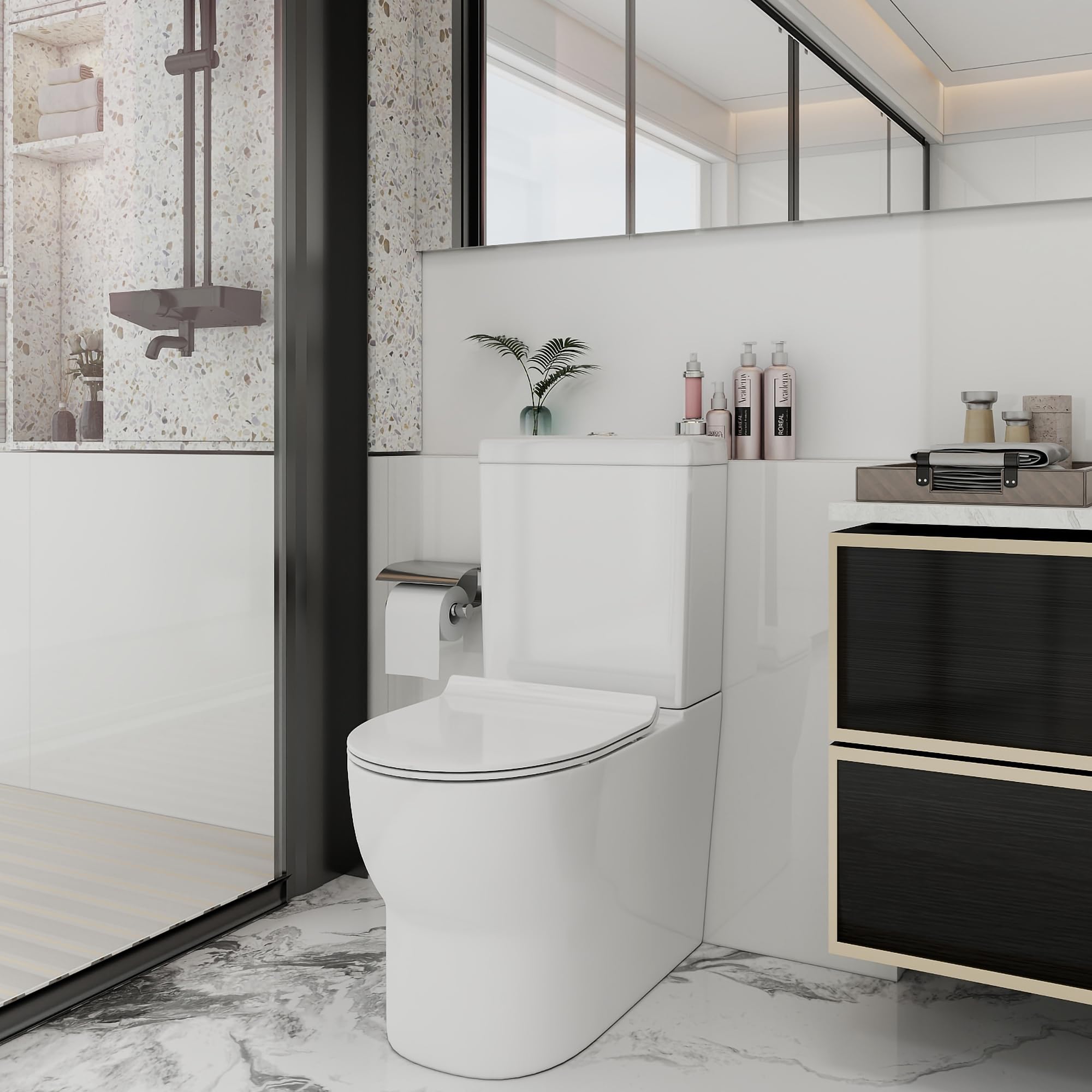 Robanmoa Close Coupled Toilet Back to Wall Bathroom Toilets White Ceramic WC Pan Quick Release Soft Close Seat Dual Flush Cistern Modern Oval Comfort Elongated Toilet