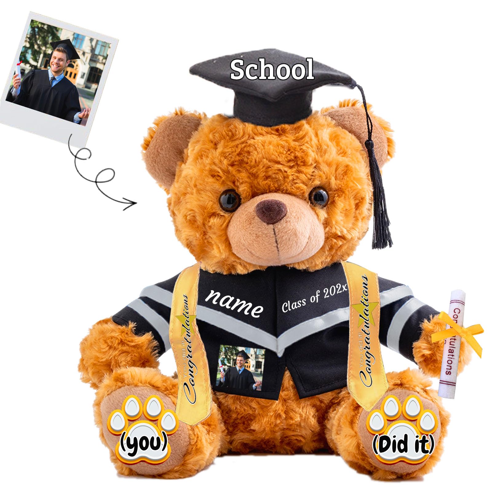 JABECODIFA Graduation Bear Class of 2025 Personalised Graduation Gift for Her Teddy Bear with Text+Photo as 2025 College High School Kindergarten Graduation Gifts 2025 (8 IN-Text+Photo)