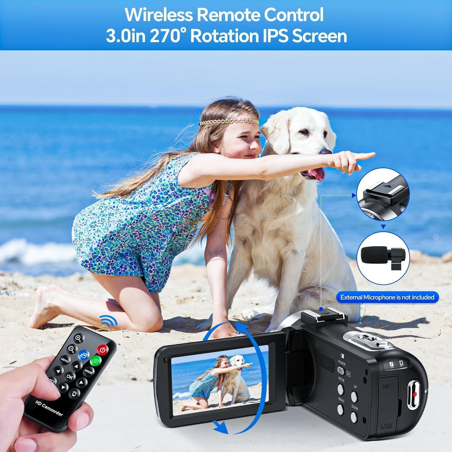 Videocamera 4K 42MP Camcorder per YouTube, 18X Zoom Digitale Videocamere, Schermo Rotante 270° 3" Vlog Camera con Scheda SD da 32 GB, Telecomando, 2 Batterie