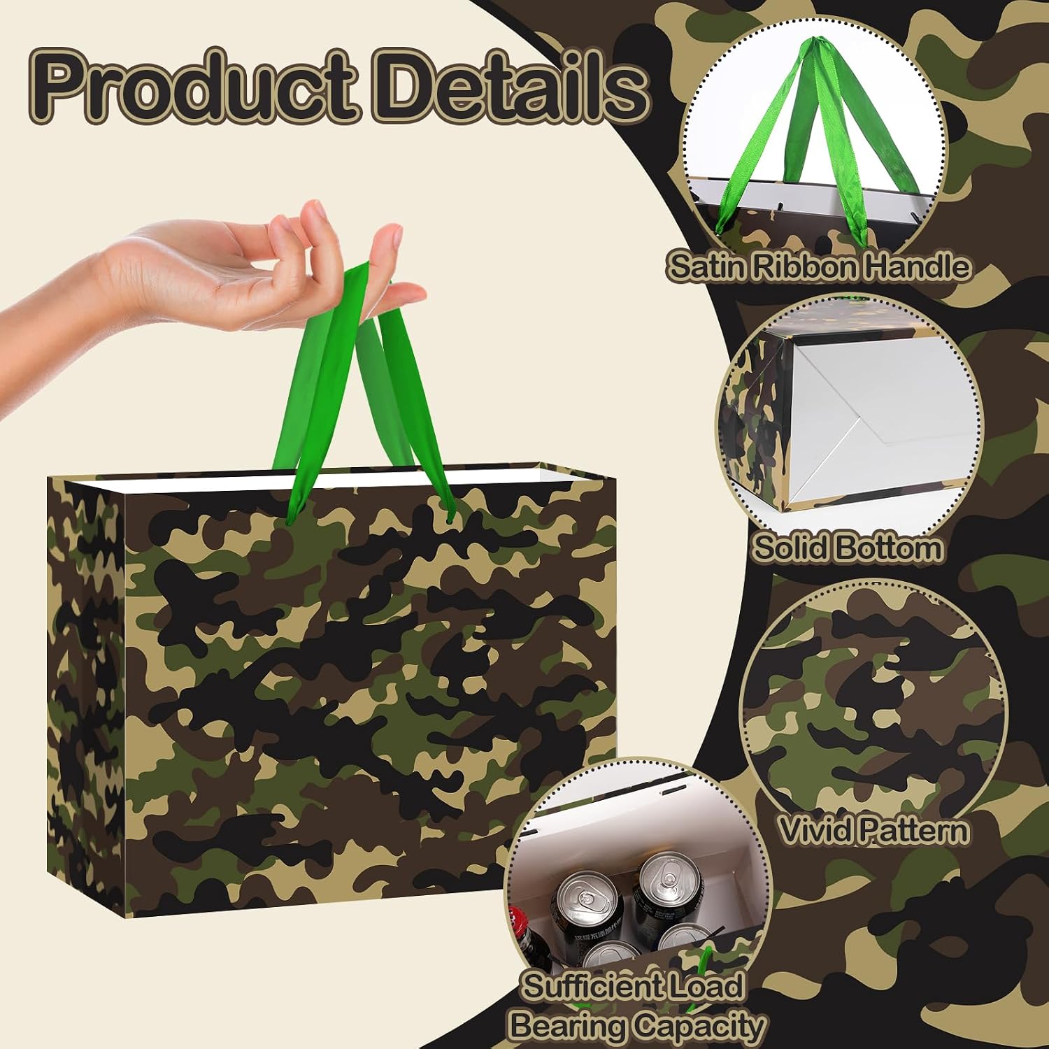 TagreSpike Camouflage Birthday Gift Bags Camo Gift Bag with Wrapping Paper and Card Large Camouflage Wrapping Paper Bag with Handle Army Party Supplies for Boys Girls Veterans Baby Shower Birthday