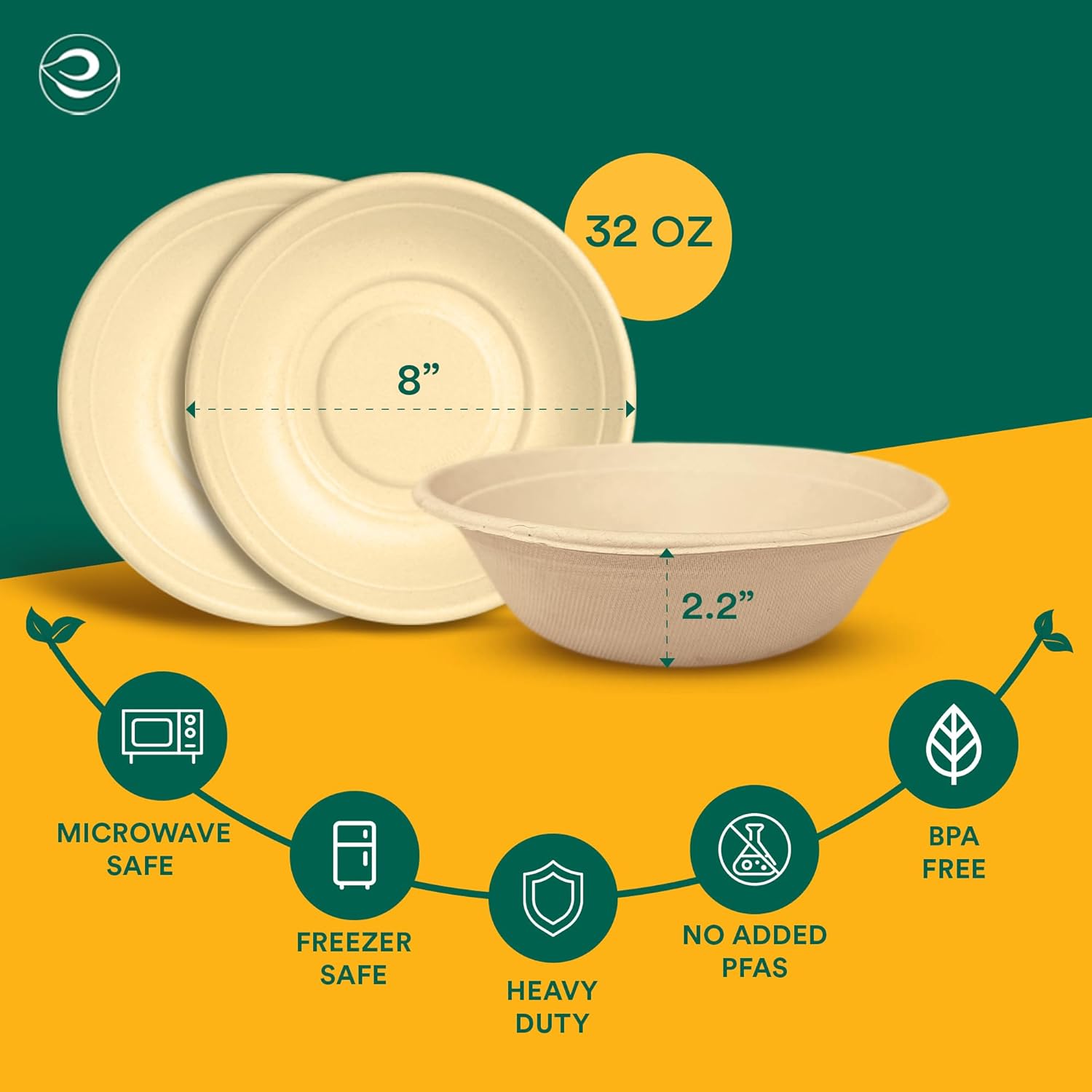 ECO SOUL Disposable Paper Bowls 32 oz, 100 Pack – Biodegradable Compostable Sugarcane Bagasse Bowls, Heavy Duty & Microwave Safe, Large Bowls for Serving Ramen, Curry, Rice, Salad – Natural Brown