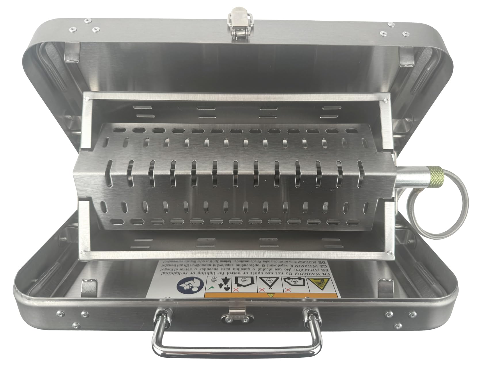GARDINGER BBQ 42 mobiler Koffergrill aus Edelstahl für Gaskartuschen Holzkohle | Klappbarer Camping-Grill für Picknick Outdoor mit Grillzange | 31x20x7 cm