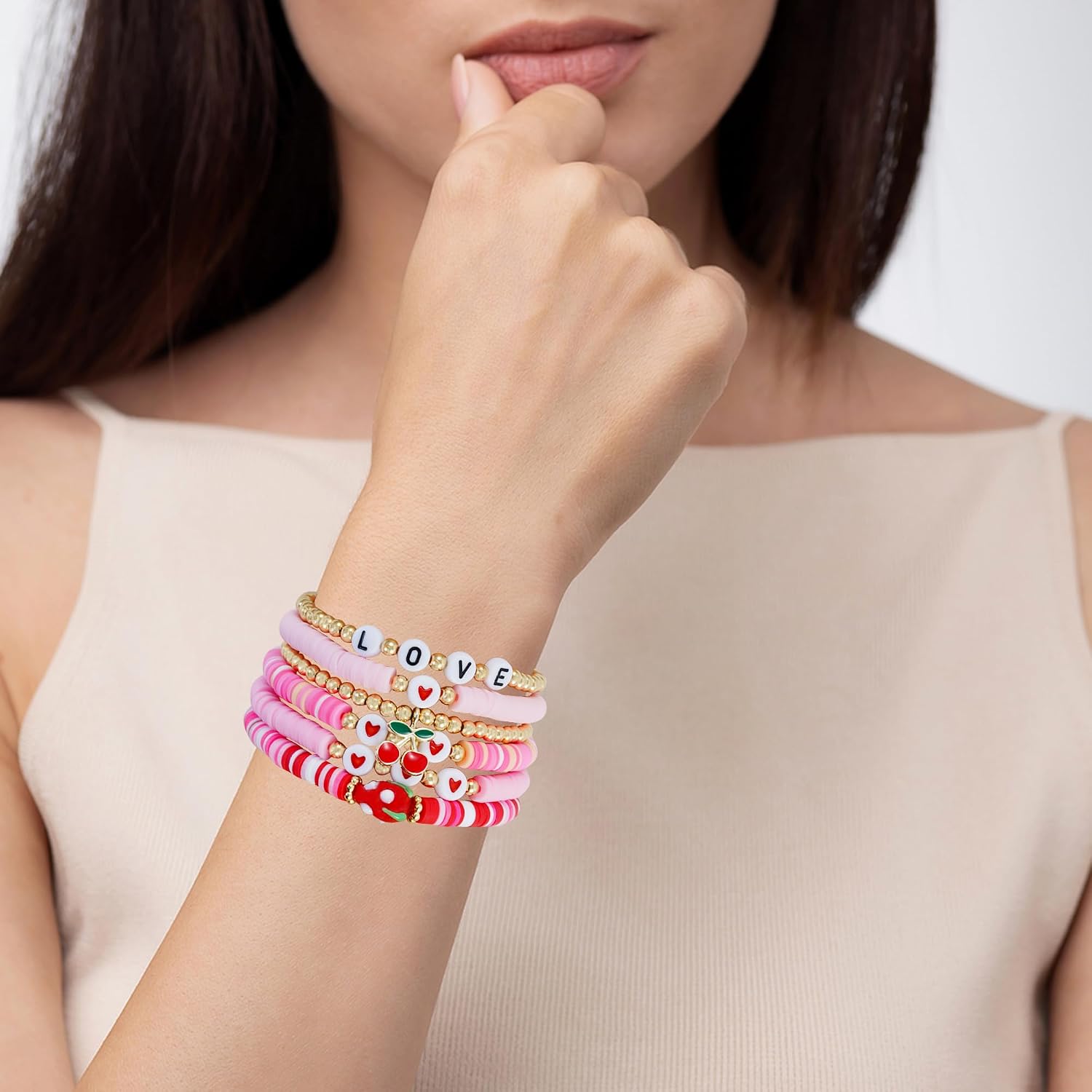 Summer Surfer Heishi Bracelet Set for Women Stackable Gold Plated Clay Ploymer Bead Stretch Pink Beach Layering Bracelets Jewelry