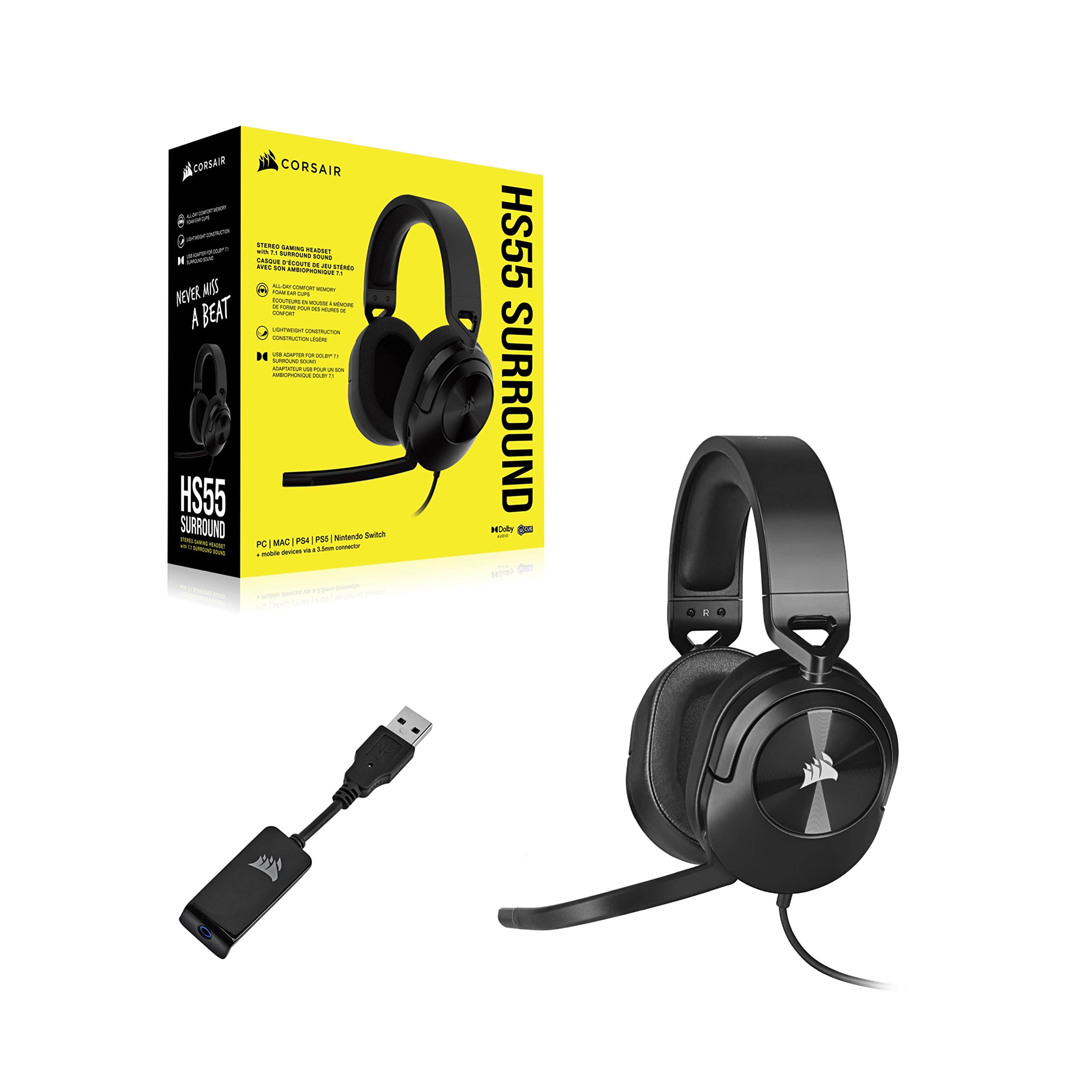 Corsair HS55 Surround Casque de Jeu Filaire Multiplateforme Léger – Carbone | Son Surround Dolby 7.1, Compatible iCUE, PC, Mac, PS5, PS4, Xbox, Nintendo Switch, Mobile