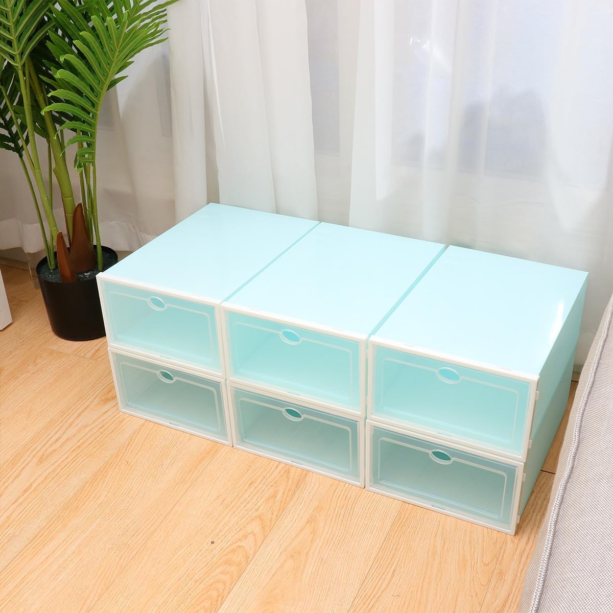 Garneck Stackable 6pcs Men’s Shoe Storage Boxes with White Frame Blue Thickened Plastic Shoe Containers Sturdy Organizer for Closet Storage