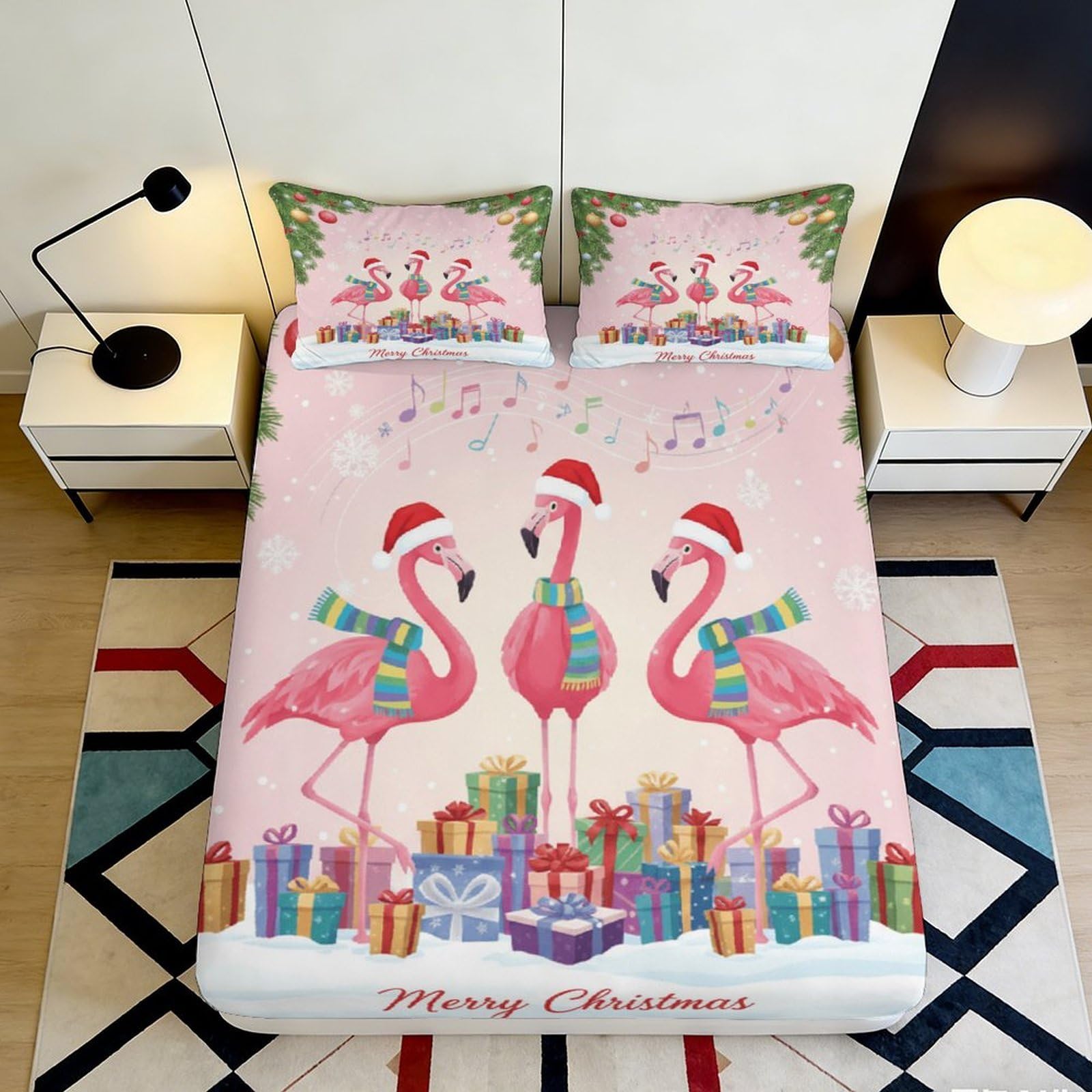 3D Printed Christmas Flamingo Fitted Sheet Microfiber Pink Bed Cover for Bedroom Guestroom Decor 90x200x25cm