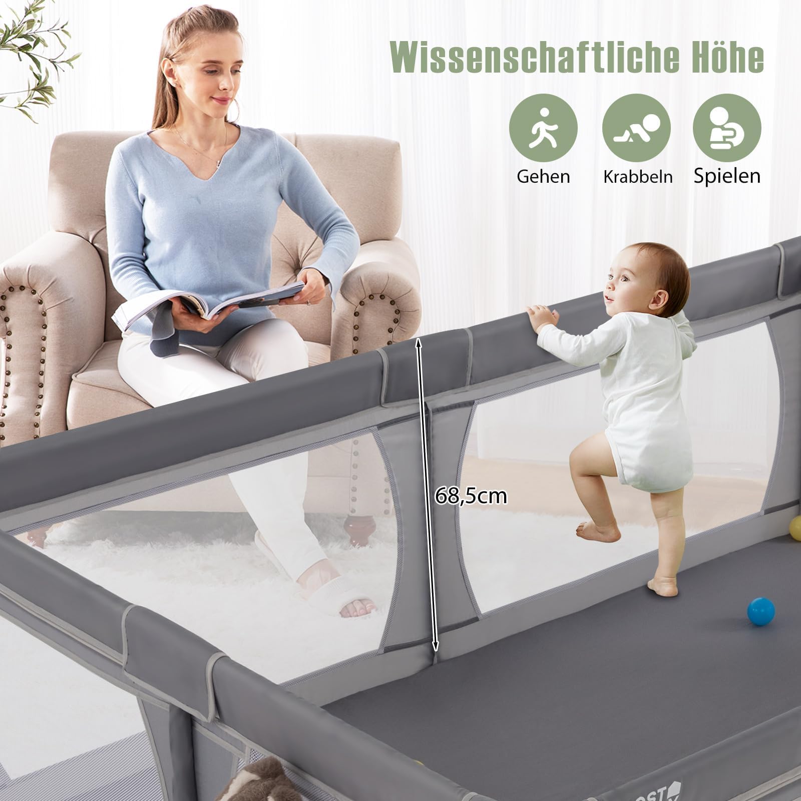 COSTWAY 205 x 147cm Laufstall Baby faltbar, Laufgitter mit 50 Bällen, 2 Türen, Seitentasche, atmungsaktivem Netz & Reißverschluss, Laufgitterzelt für Säuglinge & Kinder (Dunkelgrau)