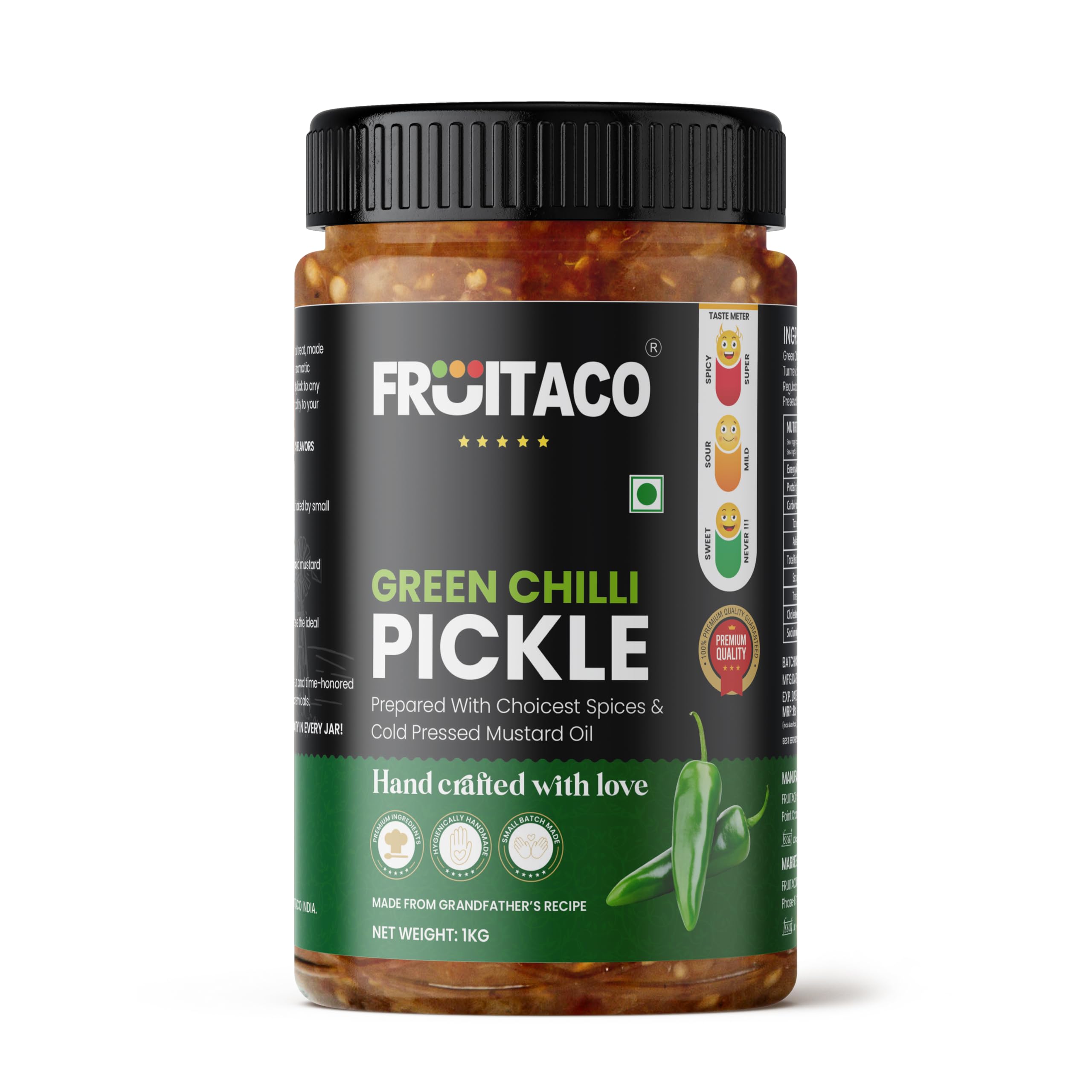 Fruitaco Green Chilli Pickle – Authentic Indian Pickle with Tangy and Spicy Flavor | Perfect Side for Meal (1 Kg, Green Chilli Pickle)
