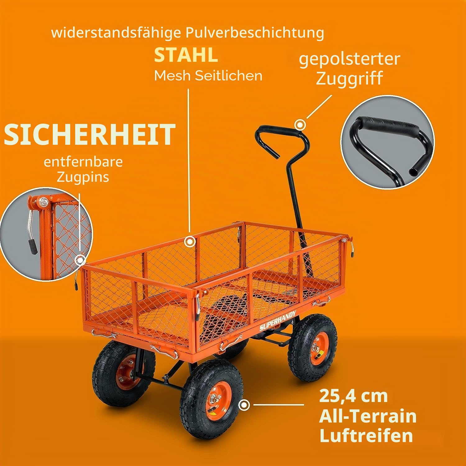 SuperHandy Garten-Transportwagen, 180 kg Tragkraft, abnehmbare Seitennetze | Für Garten, Hof, Strand und Baustelle; ideal für Werkzeuge, Pflanzen, Einkäufe und Ausrüstung