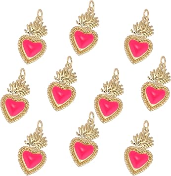 BEEFLYING Gold Sacred Heart Charms for Jewelry Making, Hot Pink, 10 Pcs