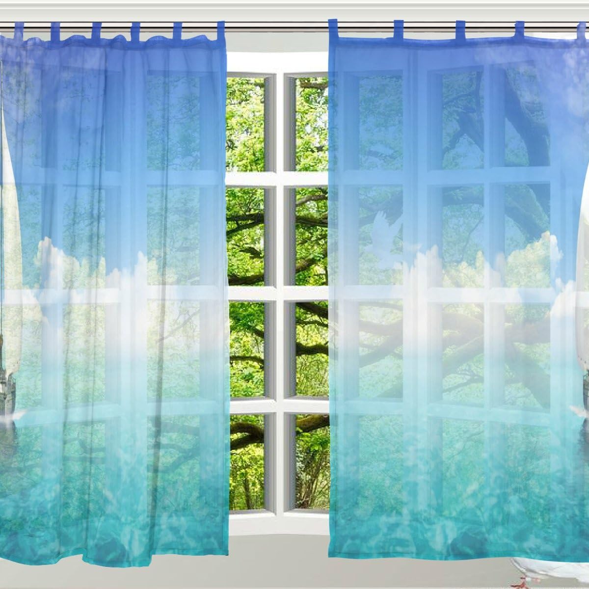 Amazon Usaki ユサキ おしゃれ 薄手 柔らかい シェードカーテン紗 ドアカーテン 欧米風 自然の風景 田舎風 ハワイ 船 青空 海の波 靑い ブルー 装飾 窓 部屋 玄関 ベッドルーム 客間用 遮光 カーテン 幅 140cm X丈 210cmx2枚組 レースカーテン
