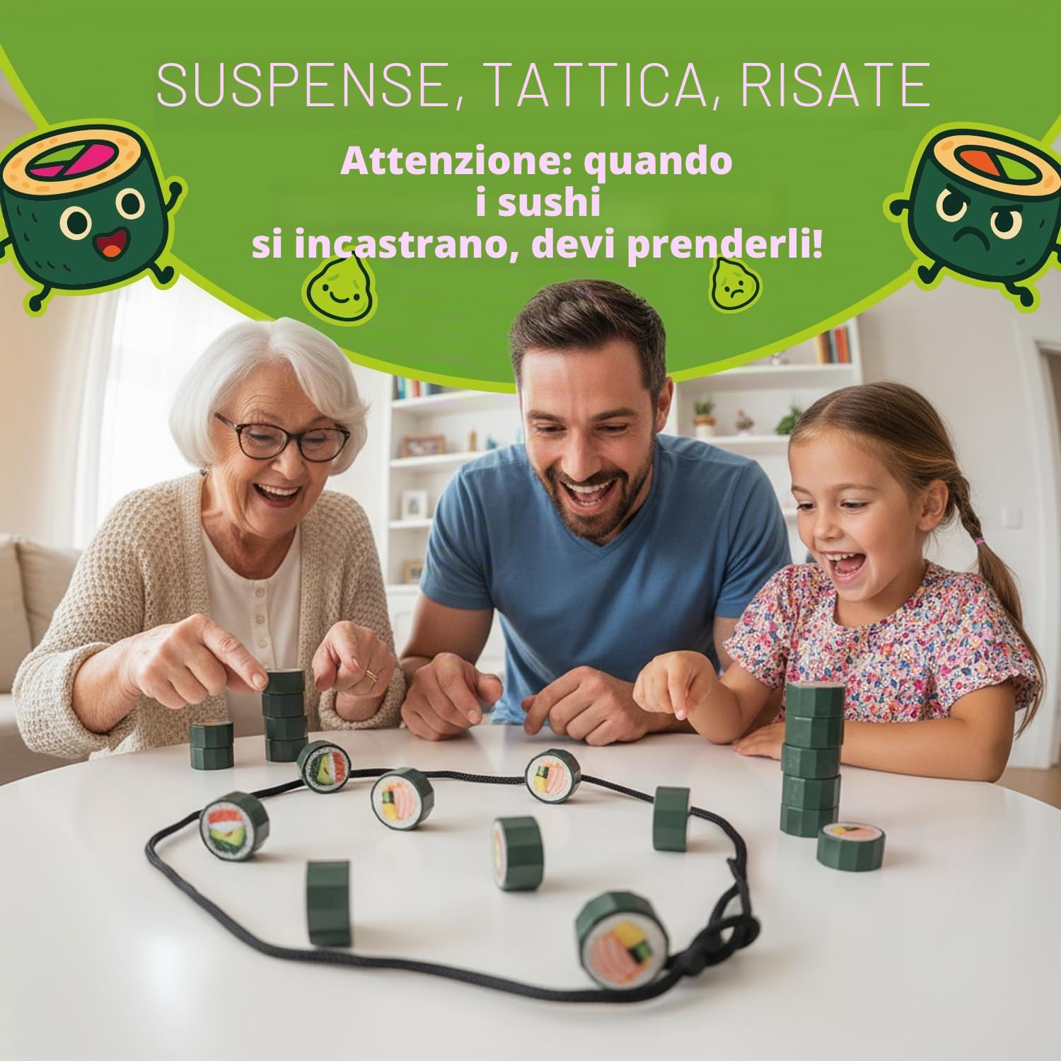 Maki Madness Gioco Magnetico – Gioco di Abilità Famiglia da 6 Anni | 20 magneti sushi, corda e scatola – gioco da viaggio, di società e regalo di compleanno, Natale – per 1-4 giocatori da 6 anni