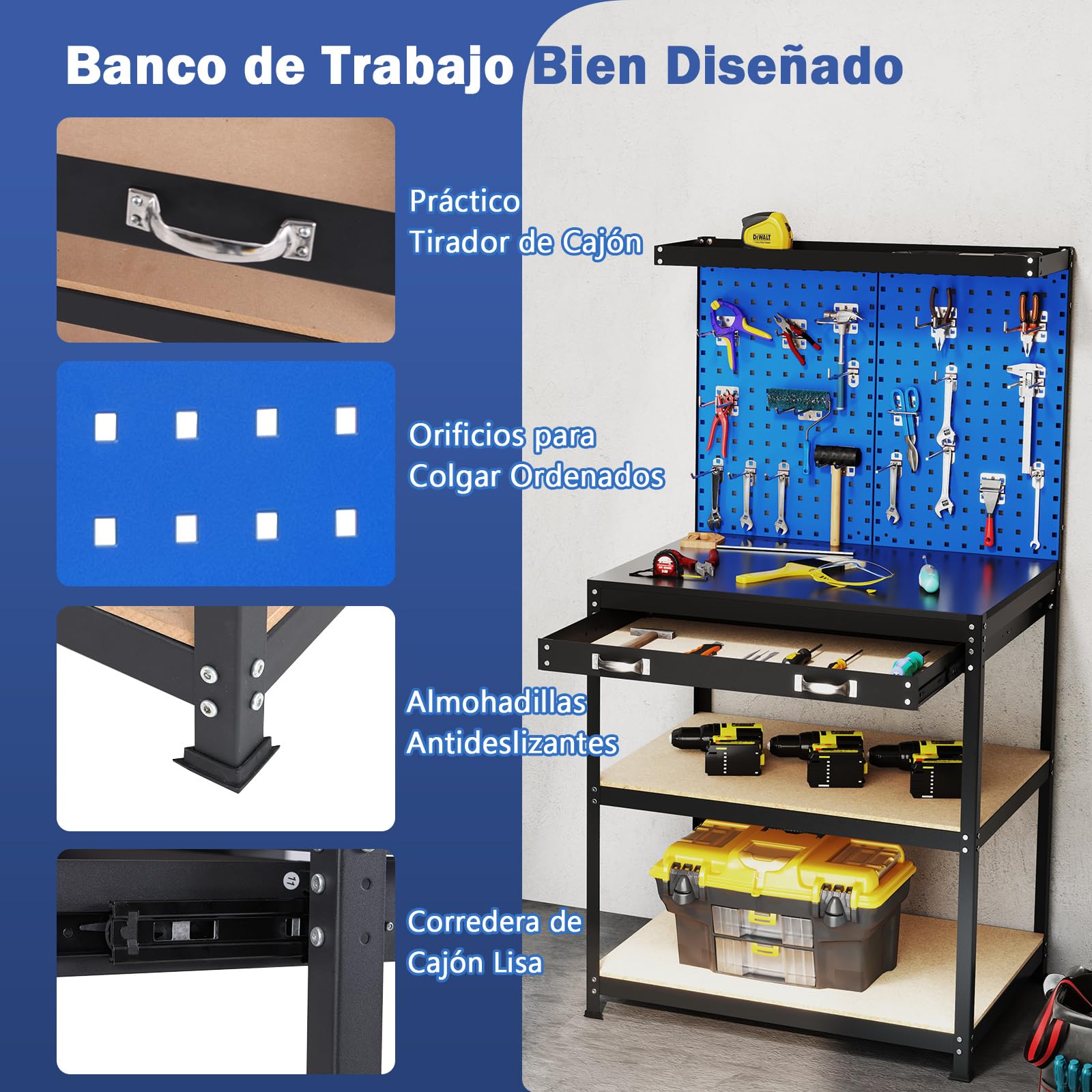 COSTWAY Banco de Trabajo Taller, Capacidad de 225 kg, Mesa de Trabajo con 3 Paneles de Perforación, 2 Cajones y Estantes, 20 Ganchos para Colgar (Azul,81 x 41 x 156 cm)