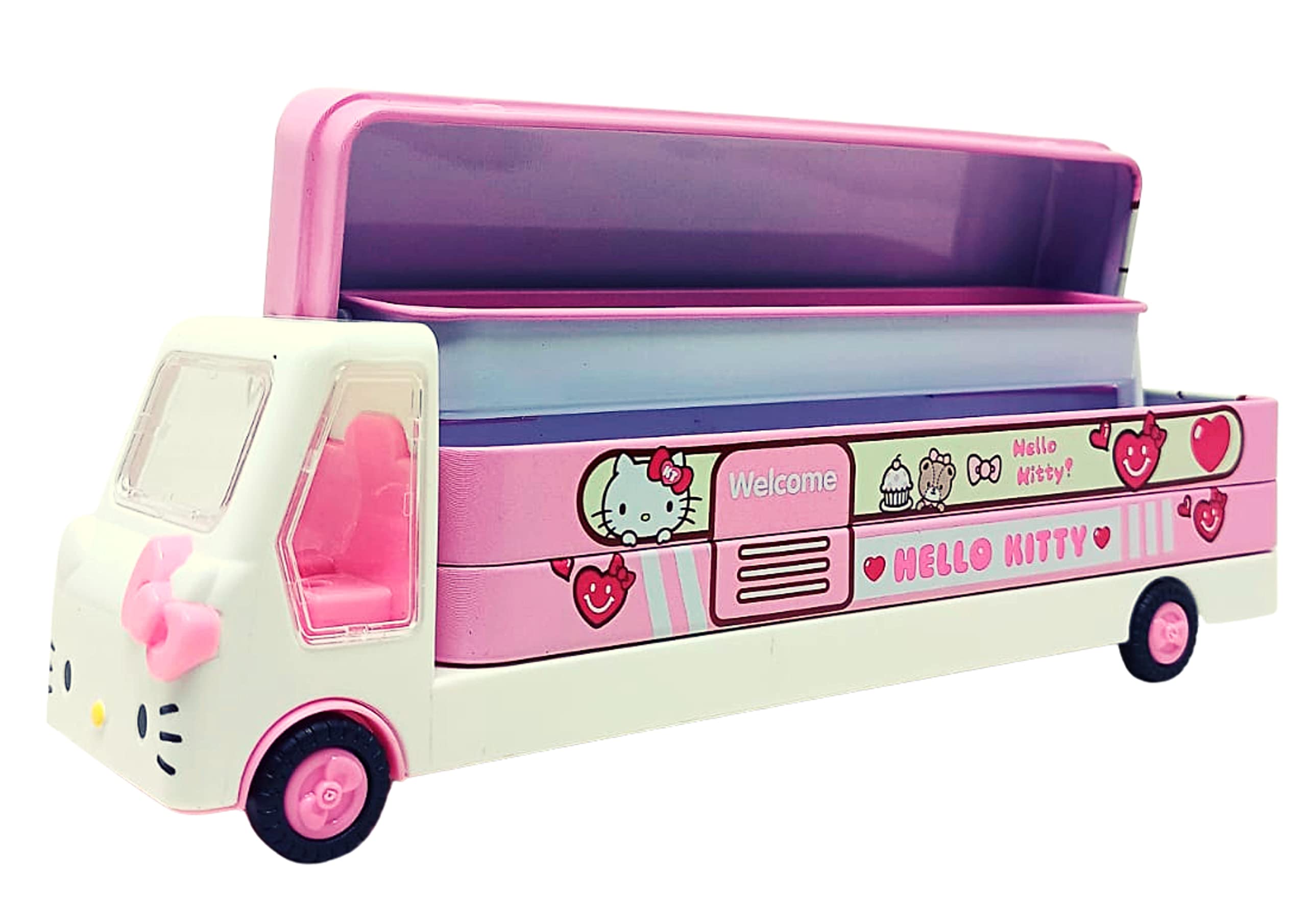 AdiChai Hello Kitty Bus Pencil Box with Three Level Storage Capacity,Inside sharpner, Cartoon Printed,School Box with Moving Tyre Gift for Kids ( Metal) , (Set of 1 - Random Colour), Multicolor,