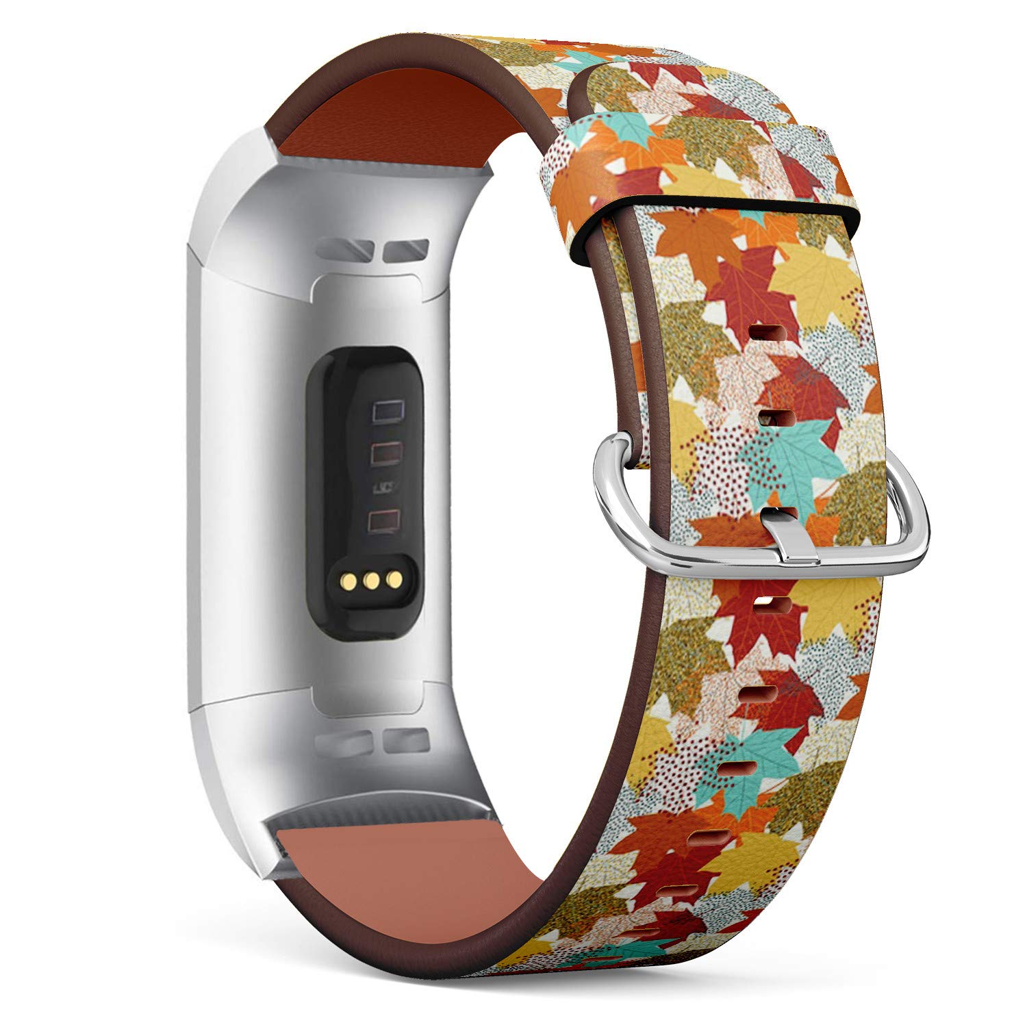 Compatible with Fitbit Charge 3 & 3 SE - Leather Wristband Bracelet Replacement Accessory Band (Includes Adapters) - Fall Maple Leaves