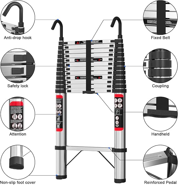 5m Telescopic Ladder with Detachable Hooks - Stable & Adjustable Height