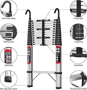5m Telescopic Ladder with Detachable Hooks - Stable & Adjustable Height