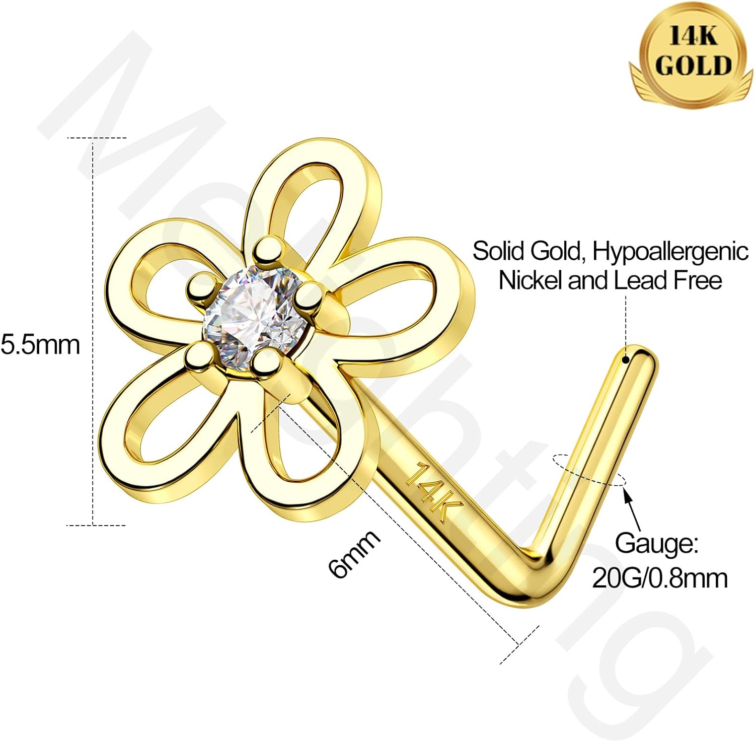MeIighting Solid 14K Gold Clover Nose Ring L-Shaped 20G with Real CZ Stones - Image 4