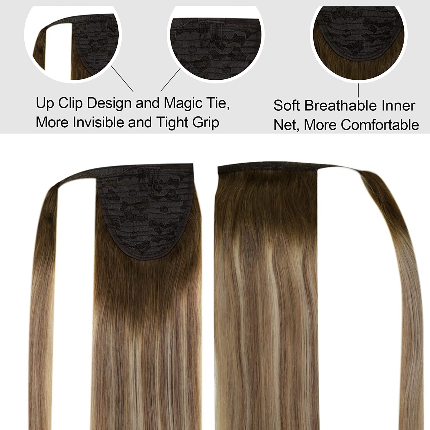 Easyouth Extensiones Cola Pelo Natural Balayage Castaño a Rubio Ponytail Hair Extensiones Pelo Remy Extensiones Cabello Humano Coleta 50cm 80g
