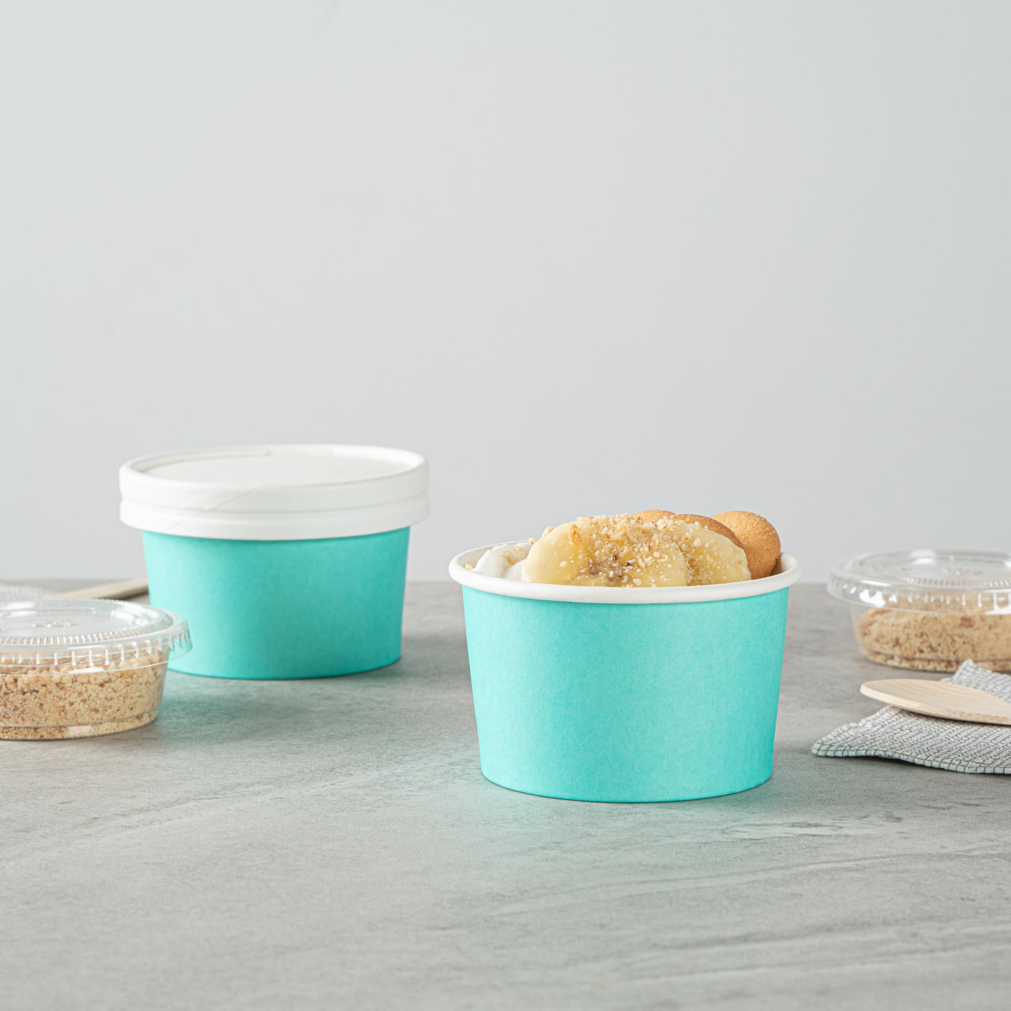Coppetta - Vasos de postre de 3 onzas, 200 vasos desechables para helado, las tapas se venden por separado, resistentes, cuencos de papel turquesa FroYo, a rayas, para alimentos fríos y calientes,