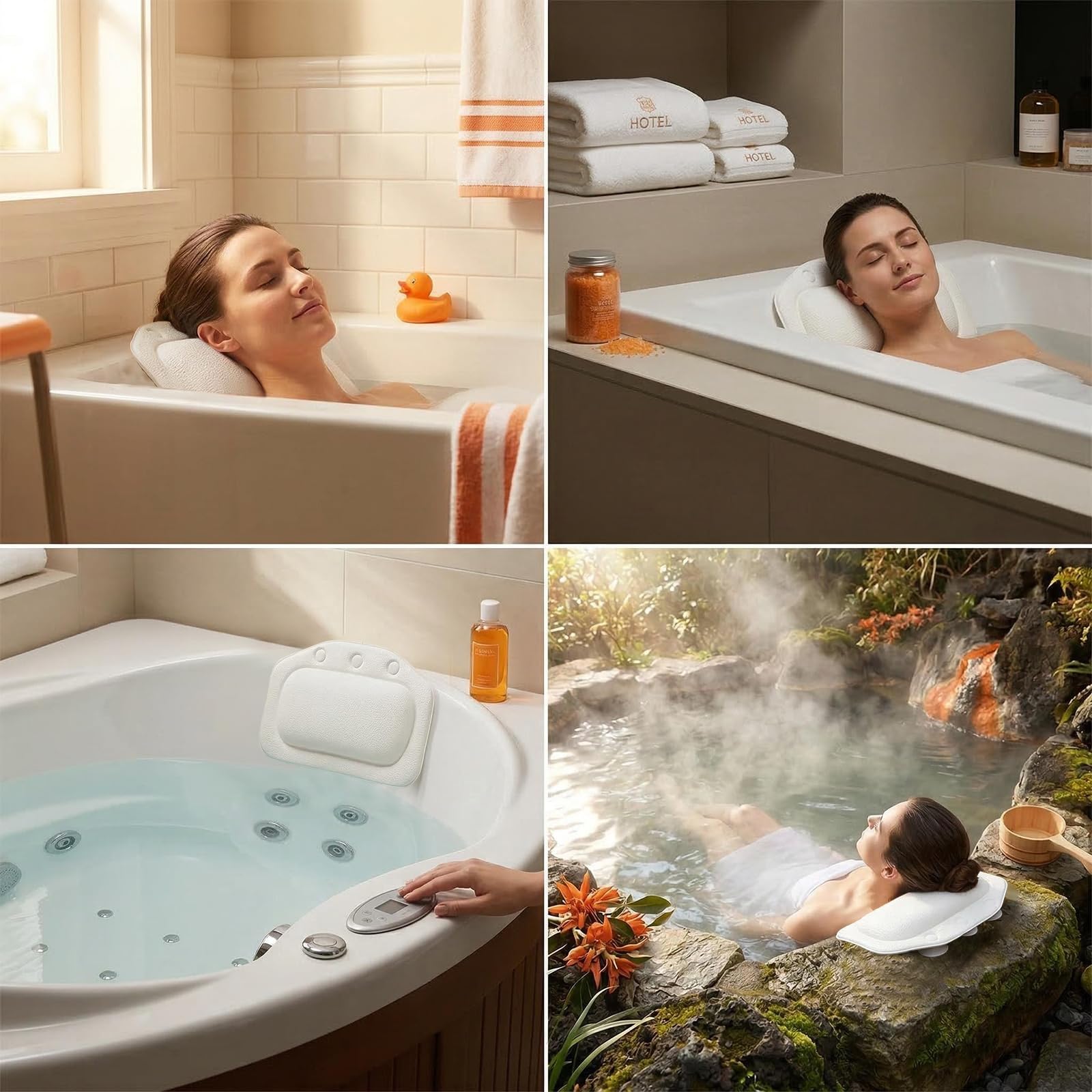 Cojín para Bañera de SPA, Almohada Ergonómica con Ventosas, Acolchado de Espuma Suave para Cabeza y Cuello, Reposacabezas de Baño de Lujo para Relajación Total (Blanco)