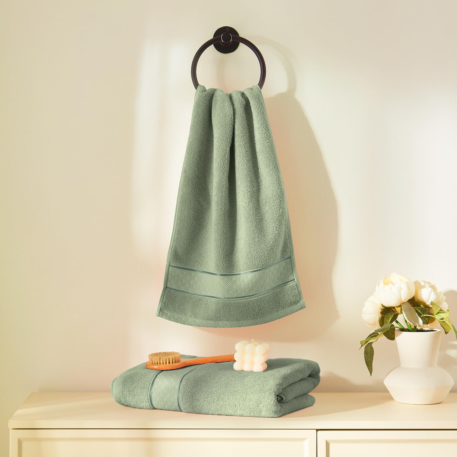 COZYART Set di 6 asciugamani da bagno verde salvia, 2 asciugamani da bagno, 2 asciugamani per le mani, 2 salviette, lusso 100% cotone turco 650GSM qualità hotel, morbidi, assorbenti, set di