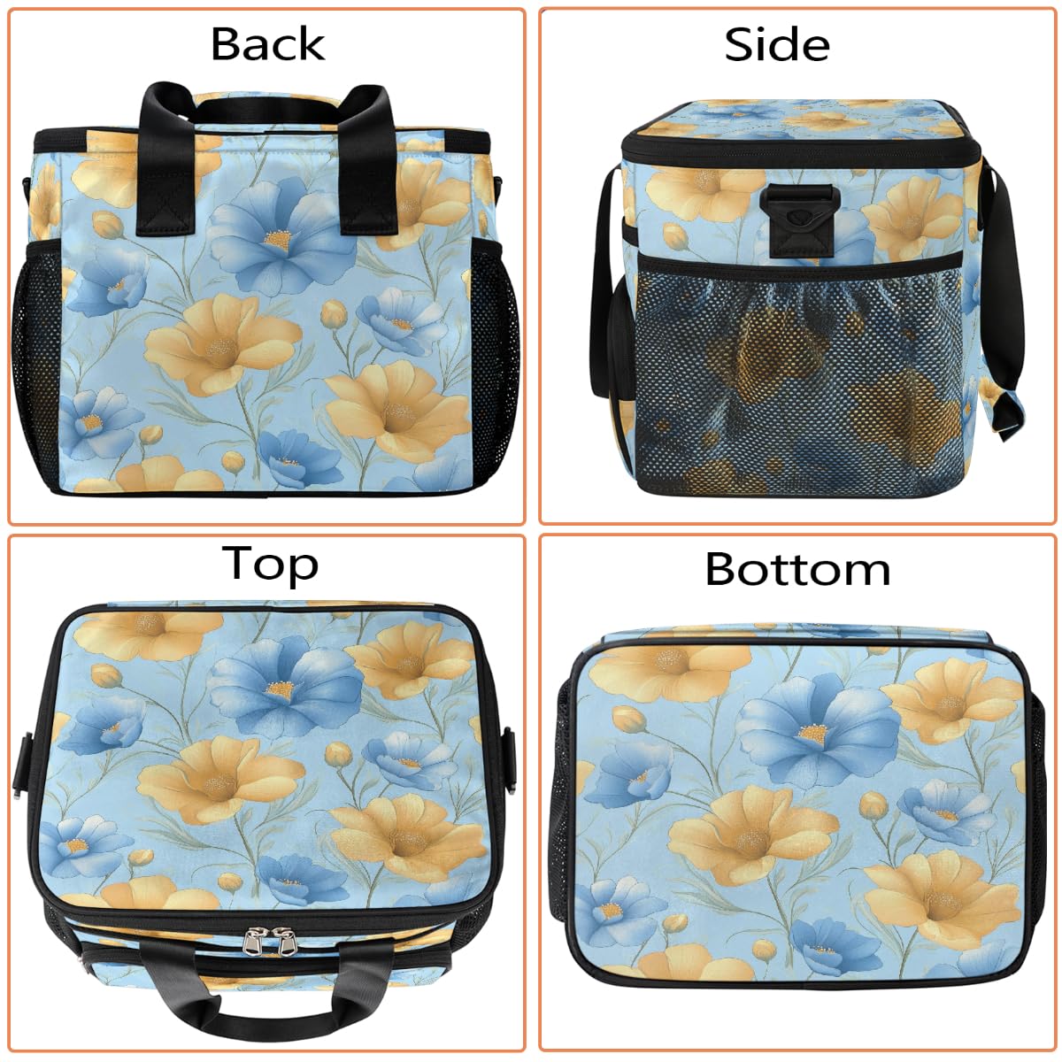 Grande borsa termica da campeggio per picnic, elegante design floreale blu giallo pieghevole portatile da viaggio borsa per il pranzo e contenitore per il pranzo per uomini e donne, 20 l