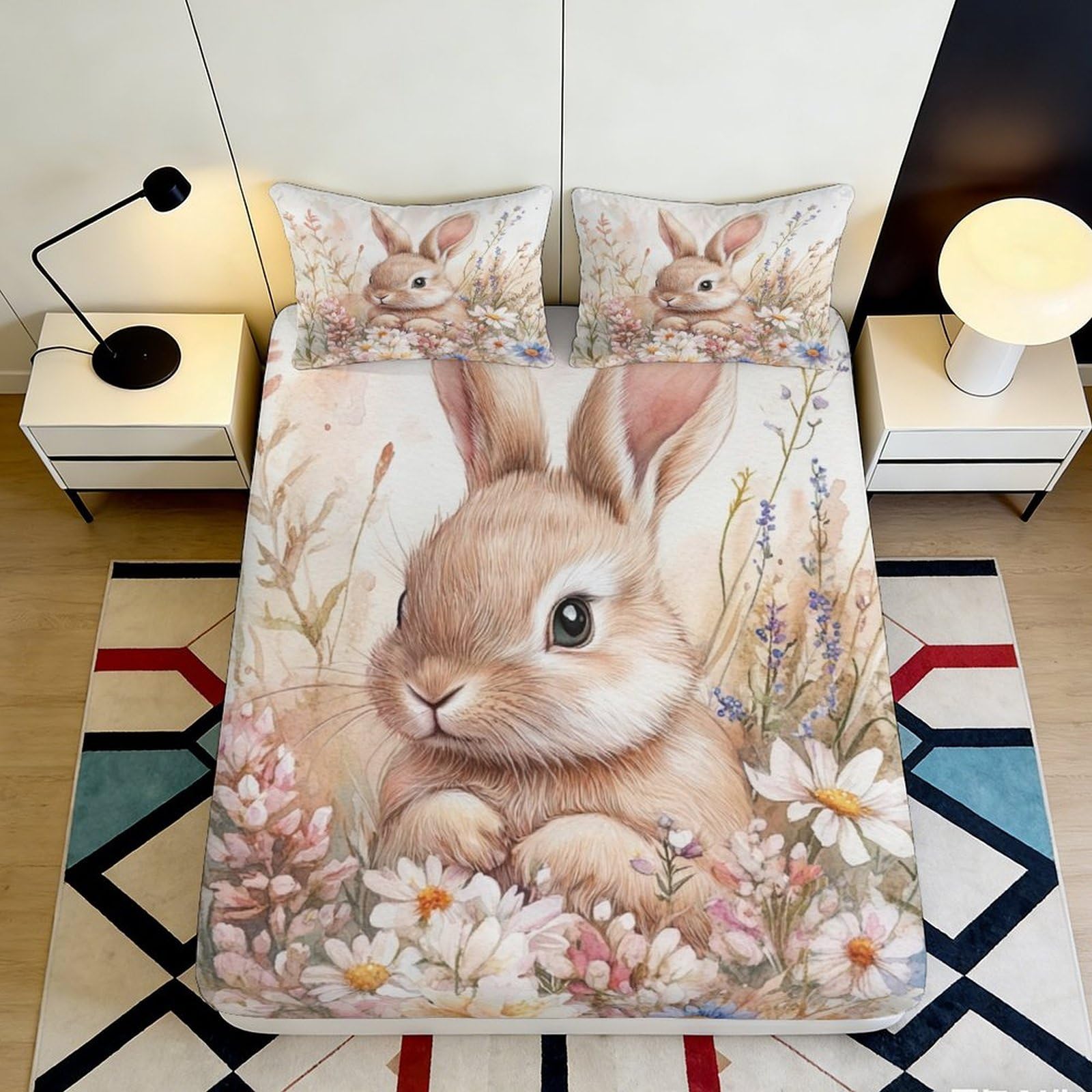 3D Printed Floral Rabbit Fitted Sheet Microfiber Deep Pocket Full Wrap Bedroom Bedding Floral Rabbit Mattress Fitted Cover for Adults Teens 90x200x25cm
