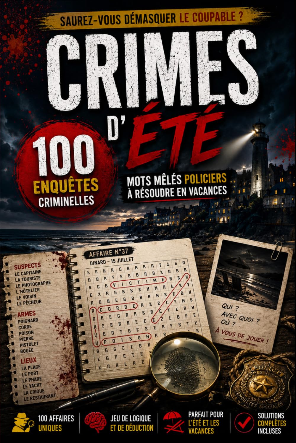 Crimes d'Été – Mots Mêlés Policiers: 100 affaires criminelles à résoudre : trouvez le tueur, la méthode et le lieu | Mots cachés, logique et déduction pour adultes | 3 niveaux