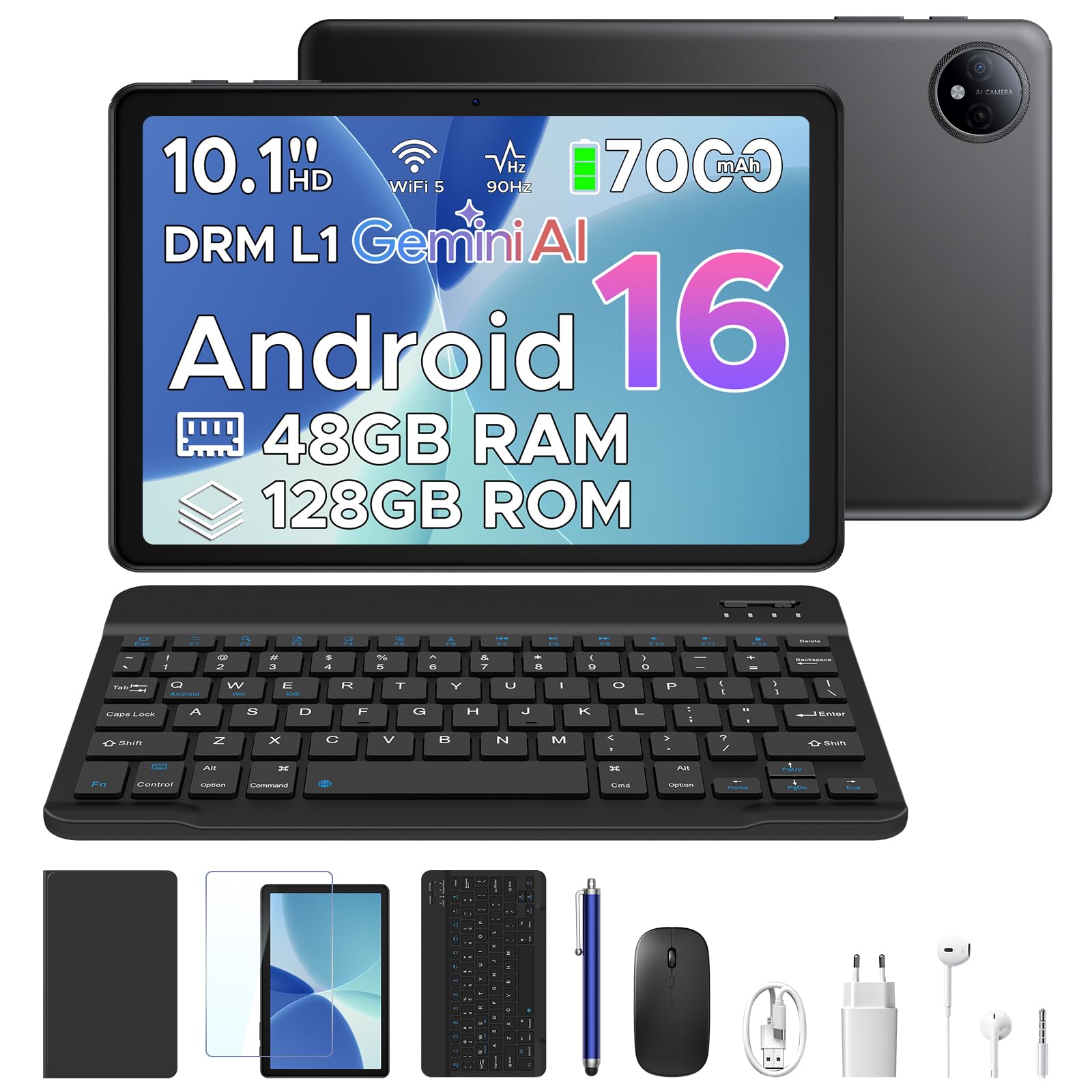 P10 Tablet 10 Pulgadas Android, Tablets Android 16 con Gemini AI, 48GB RAM+128GB ROM, 7000mAh, Unisoc T310 Quad-Core, 90Hz, 8MP+5MP, WiFi 5, Altavoces Duales, Face ID, Tablet con Teclado, Lapiz, Negro