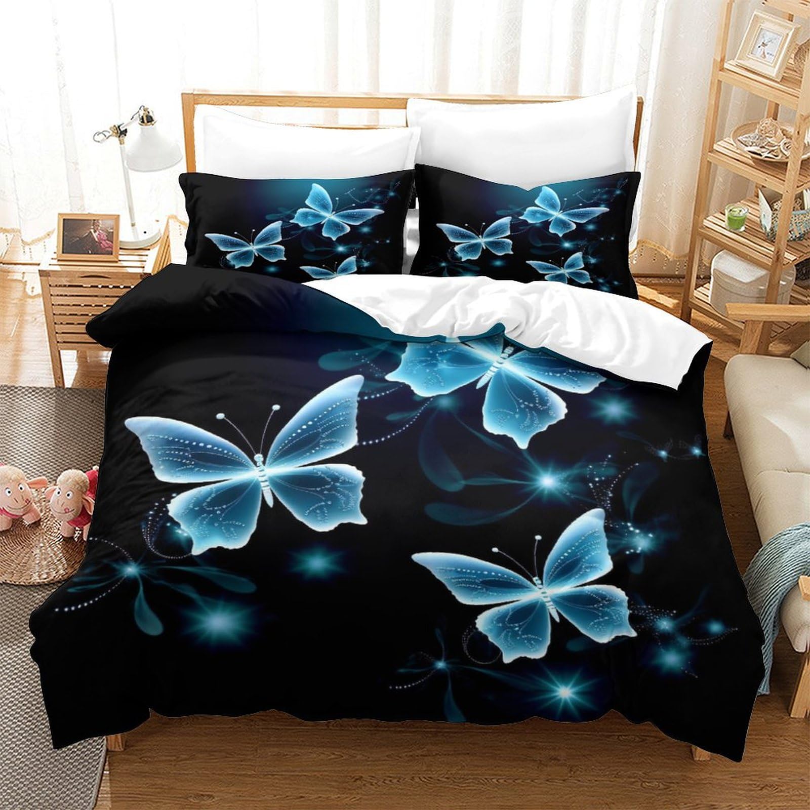 P1S9U7W5Y Enchanting Blue Butterfly 3D Printed Microfiber 3 Piece Duvet Cover Set Bedroom Decor Butterfly Bedding Set for Adults Teens Super king（260x220cm）
