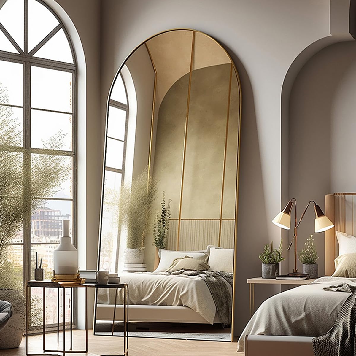 Floor Mirror, Oversized Full Length Mirror, Arched Mirror, Large Standing Mirror, Tall Mirror, Wall Mounted, FreeStanding, Giant Mirror, 81"×41", Aluminum Frame - Gold