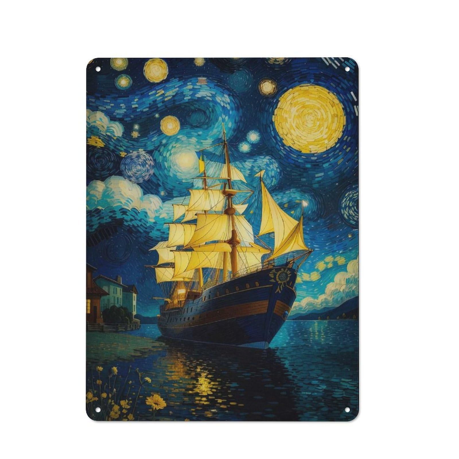 Junmoney Pirate Ship Vangogh Rustic Tin Sign 40X30cm For Man Cave Or Games Room, A Decorative Gift For A Newly Furnished Man Cave And Games Room