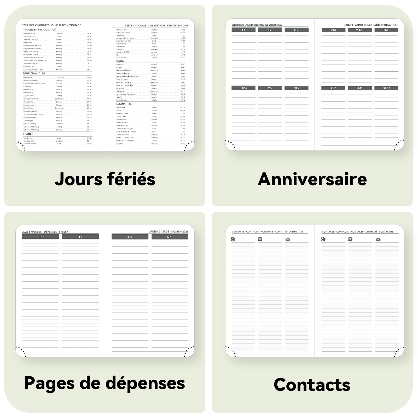 Agenda semainier 2026 A4 28,6 x 21 cm Couverture rigide 12 mois Janvier à Décembre
