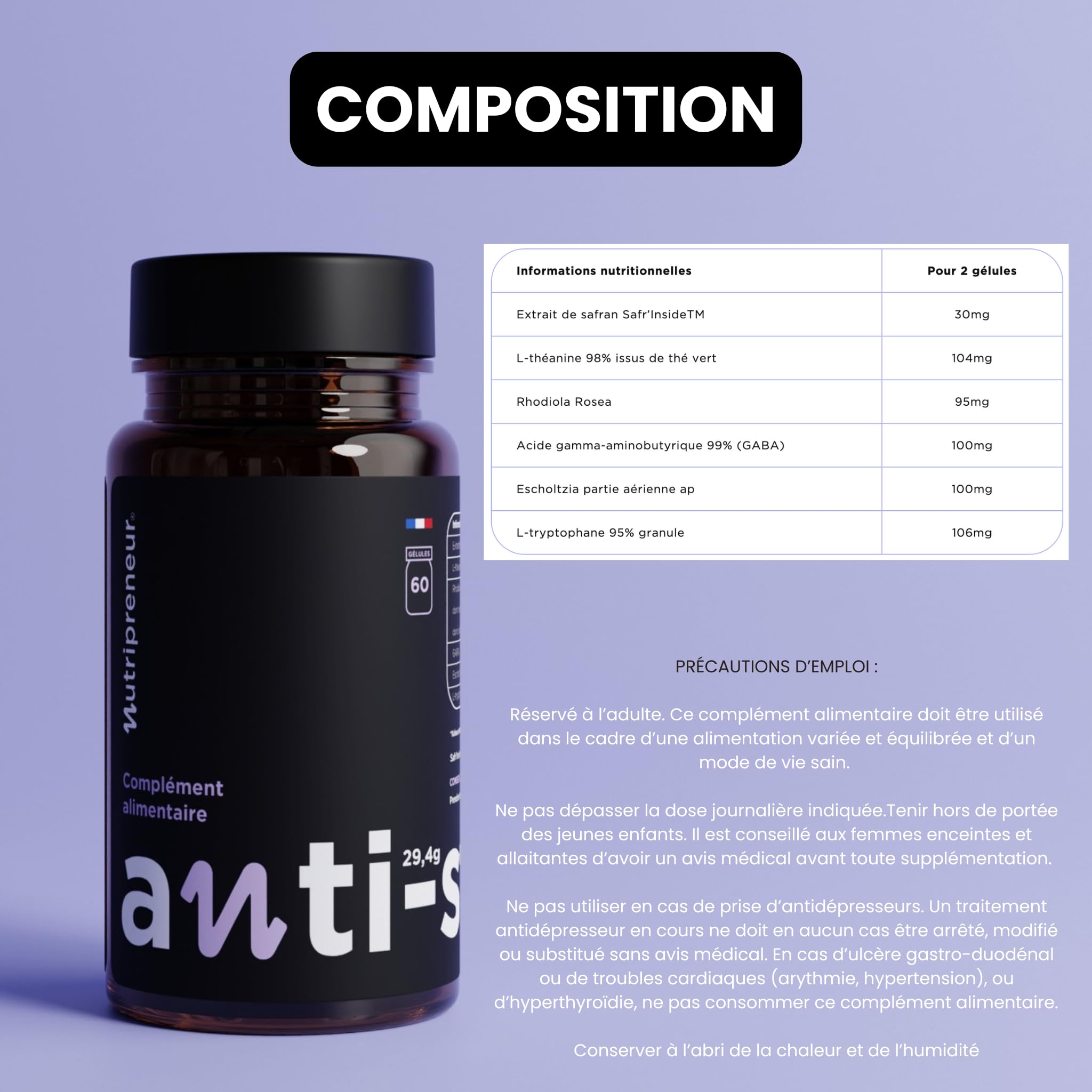 Anti-stress - 3 mois - Extrait de Safran, Rhodiola, L-théanine, Gaba, L-tryptrophane, Pavot de californie (3)