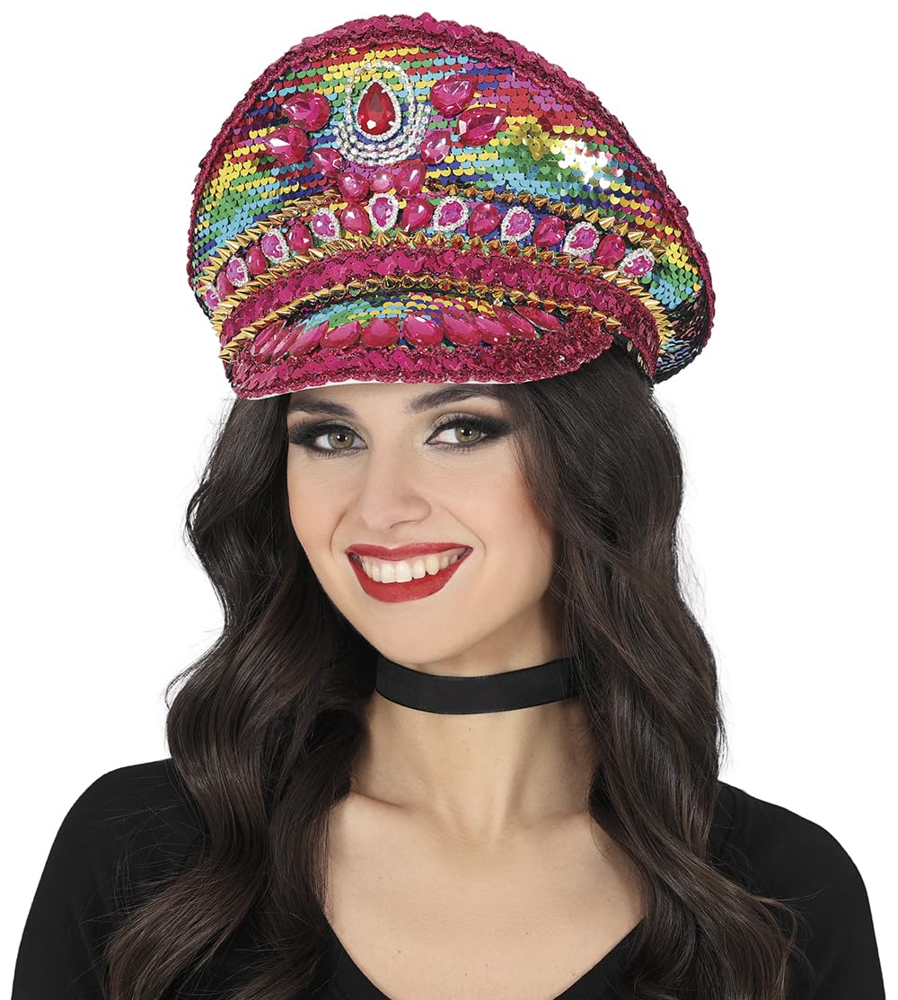 FIESTAS GUIRCA | Pink Police Hat with Multicolour Stones - Fancy Dress Accessory for Carnival and Halloween Parties - Ideal for Unisex Adults - Pink