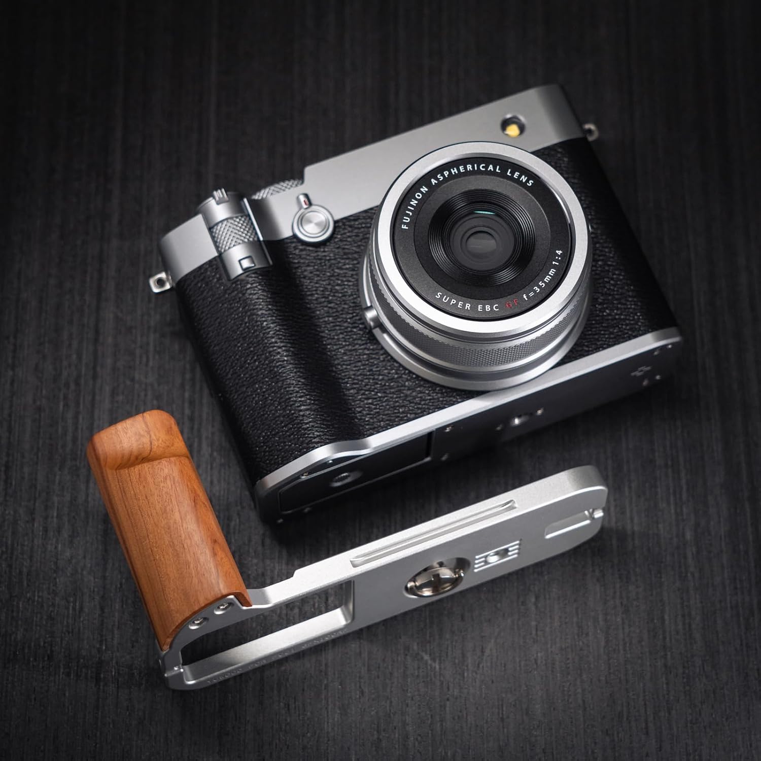 Handmade Wood Hand Grip L Plate Alloy Base for Fu ji Film GFX100RF Camera Holder (Desert Ironwood + Sliver Base)
