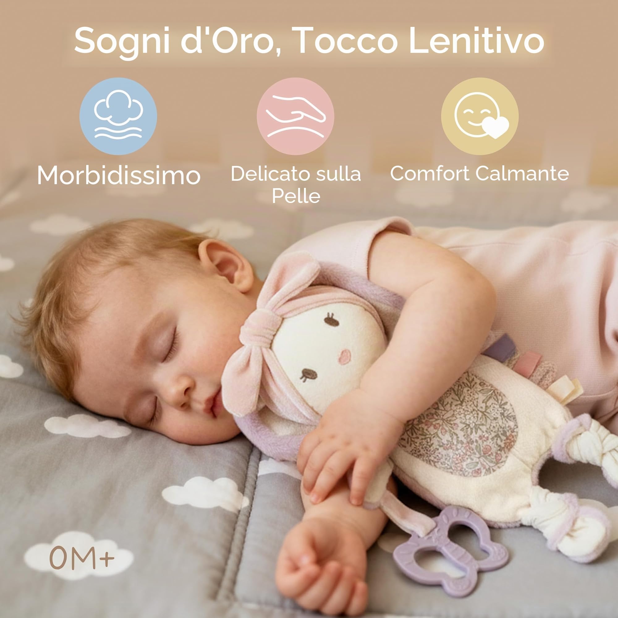 Moonkie Doudou Neonato, Peluche per bambini Coniglio, Copertina con Giochi Dentizione, Regalo Neonata Femmina per Baby Shower e Compleanni, Peluche con Nastri Testurizzati, Orecchie Fruscianti