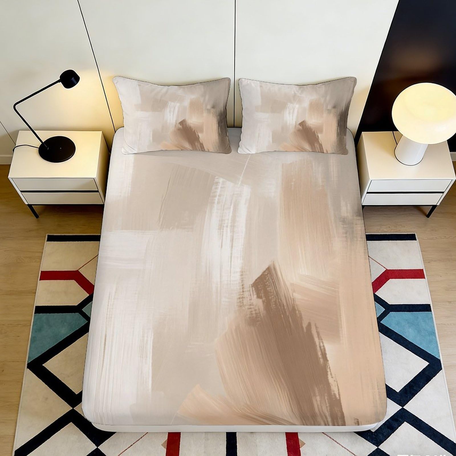 3D Printed Abstract Brushstroke Fitted Sheet Microfiber Soft Taupe Art Mattress Cover Bedroom Decor Protector 120x200x25cm