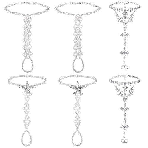 6 Pieces Rhinestone barefoot sandals for Women Wedding Beach Anklet Chain with Starfish barefoot sandals foot jewelry Silver Foot Chain with Rhinestone Toe Ring Pearl for Women Party Accessories