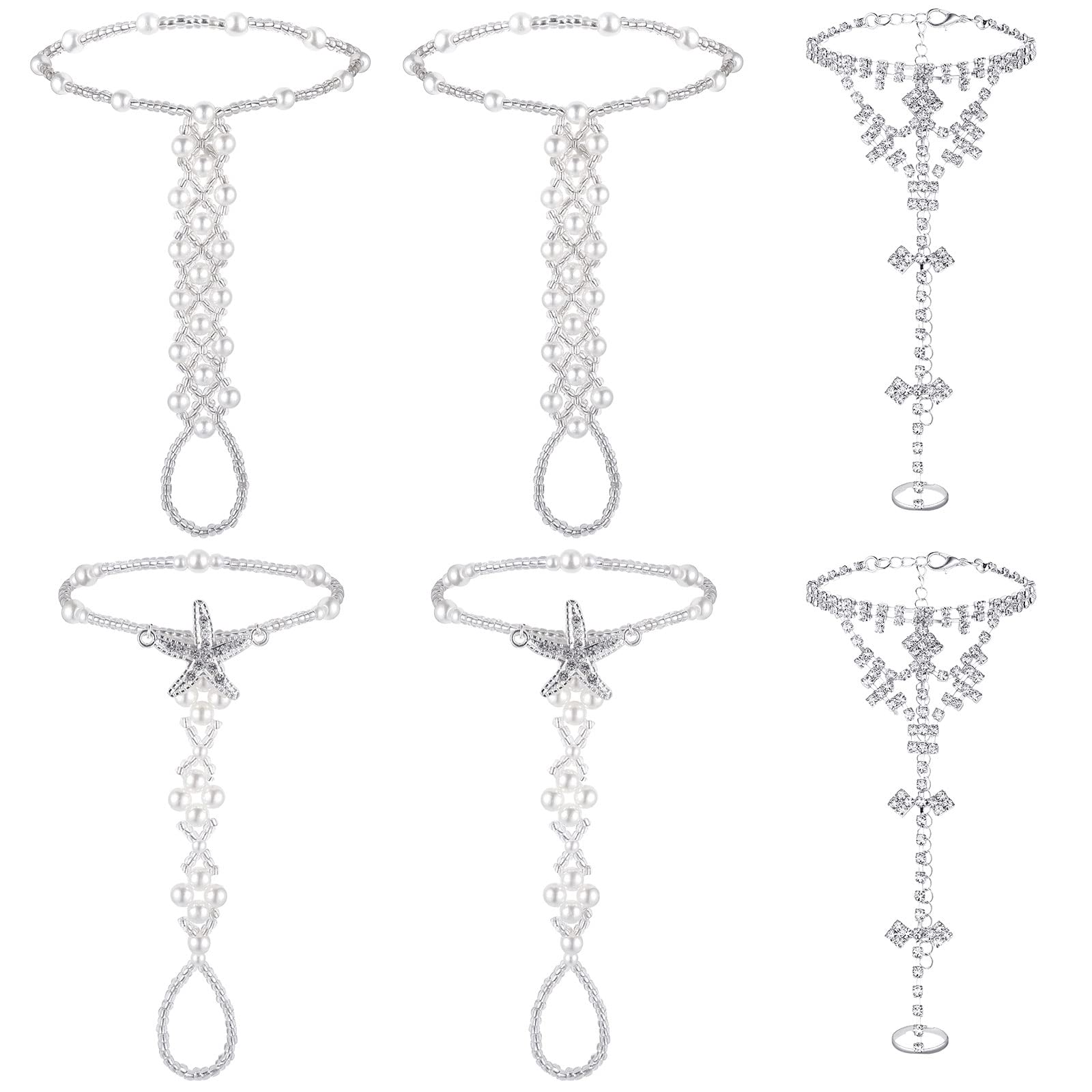6 Pieces Rhinestone barefoot sandals for Women Wedding Beach Anklet Chain with Starfish barefoot sandals foot jewelry Silver Foot Chain with Rhinestone Toe Ring Pearl for Women Party Accessories