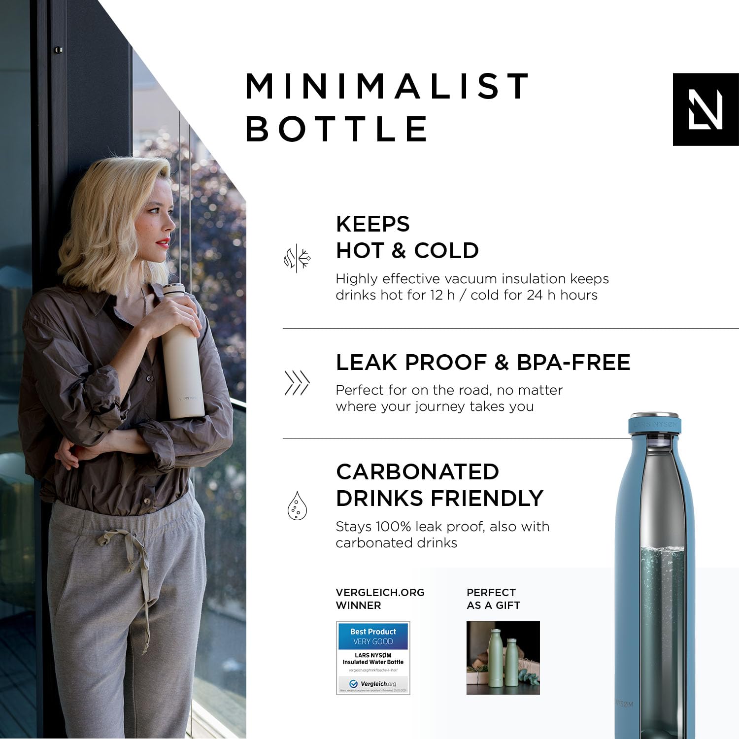 LARS NYSdiameter M Stainless Steel Insulated Water Bottle 350ml, 500ml, 750ml, 1L, 1 5 Liter, Calypso Blue, 750 ml - Image 2