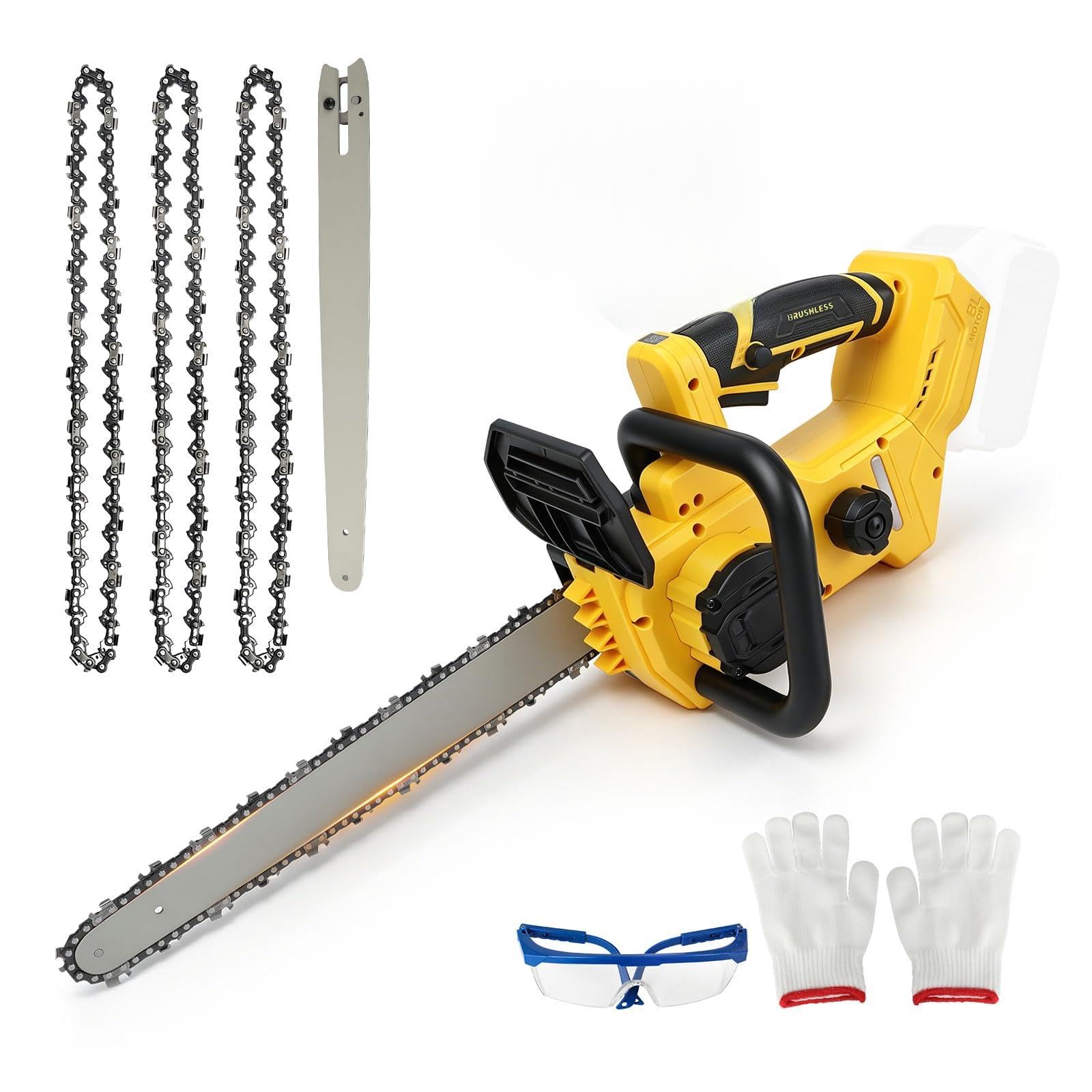 Akumulatorowa piła łańcuchowa, kompatybilna z akumulatorem DEWALT 18 V, 20 V, bezszczotkowa elektryczna piła łańcuchowa 9 m/s ze zbiornikiem oleju 75 ml, hamulec bezpieczeństwa do cięcia i przycinania