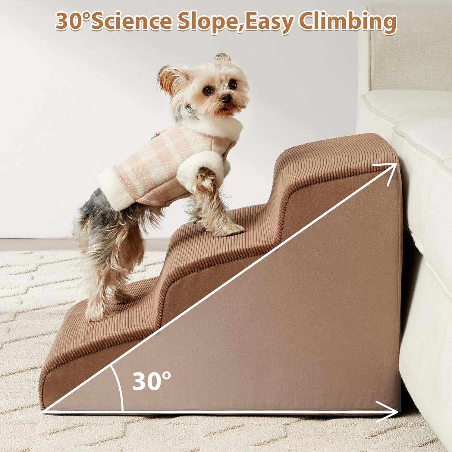 LNSSFFER Dog Stairs for Small Dogs, 3-Steps Dog Ramp for Bed and Couch, Pet Stairs with Highly Supportive Foam and Non-Slip Bottom, Dog Steps for Cat and Doggie, Brown