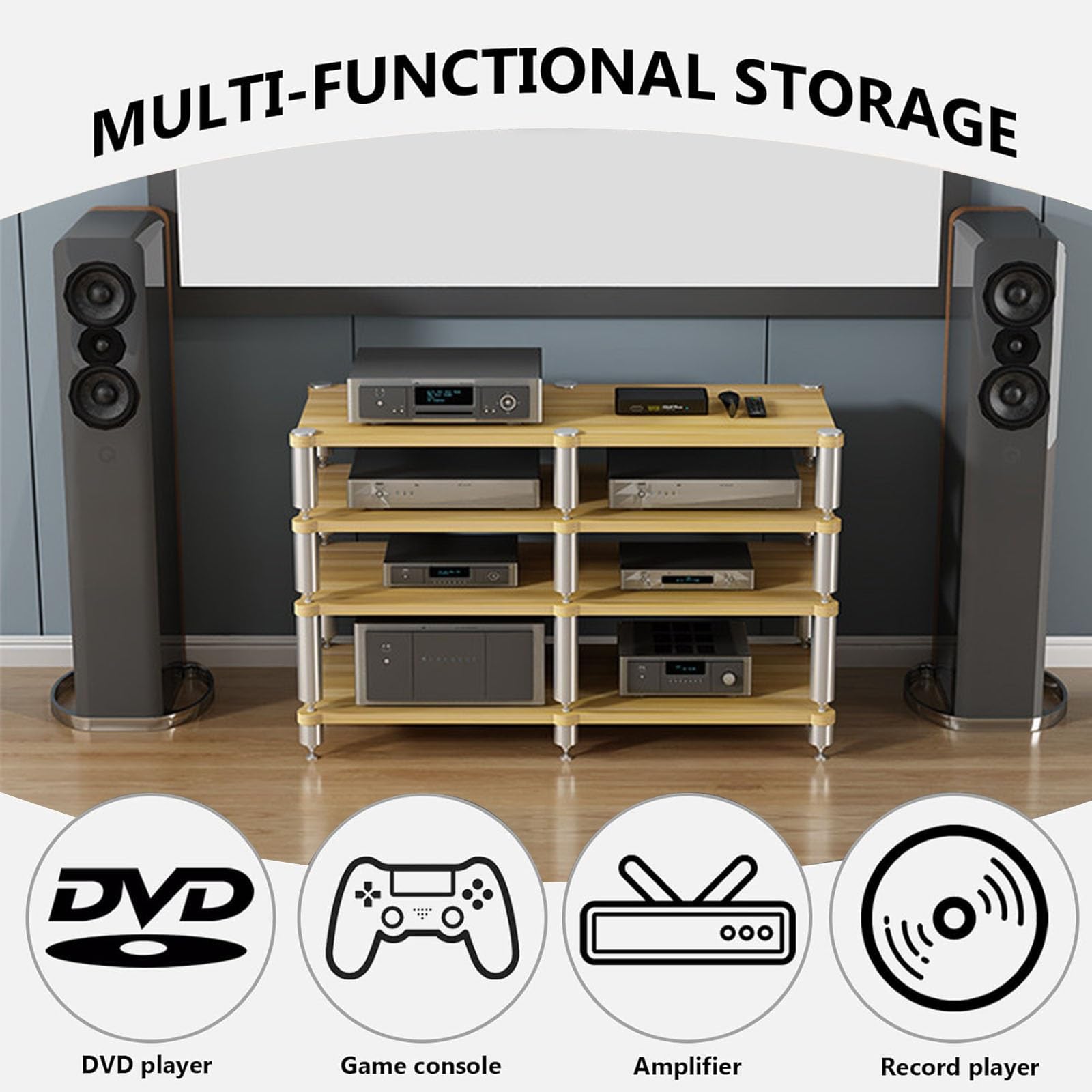 Armadio multimediale multifunzionale a 4 ripiani per videogiochi, bianco, con piedini ammortizzanti, supporto aperto per console di gioco e accessori
